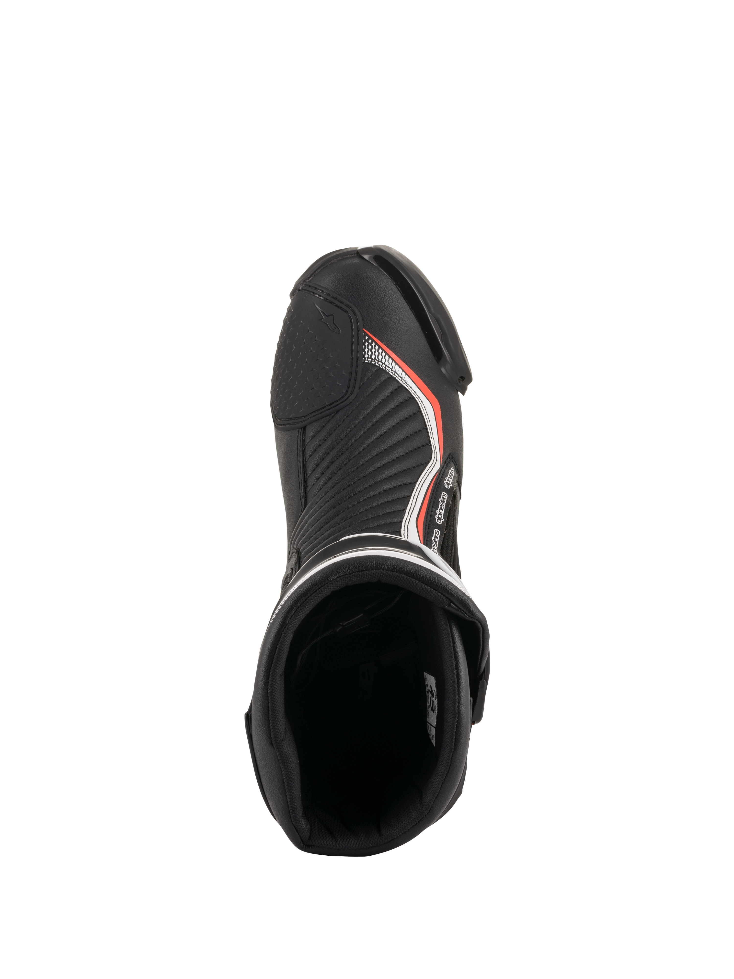 Alpinestars SMX Plus V2, botas de moto para carreras, negras y rojo flúor, vista superior del interior acolchado y puntera.