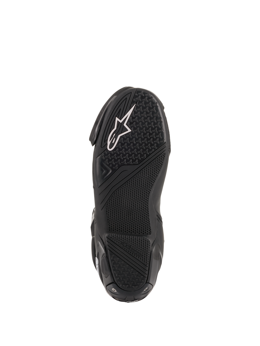 Alpinestars SMX Plus V2, botas de moto para carreras, suela de caucho negra con logotipo blanco y patrón de alto agarre.