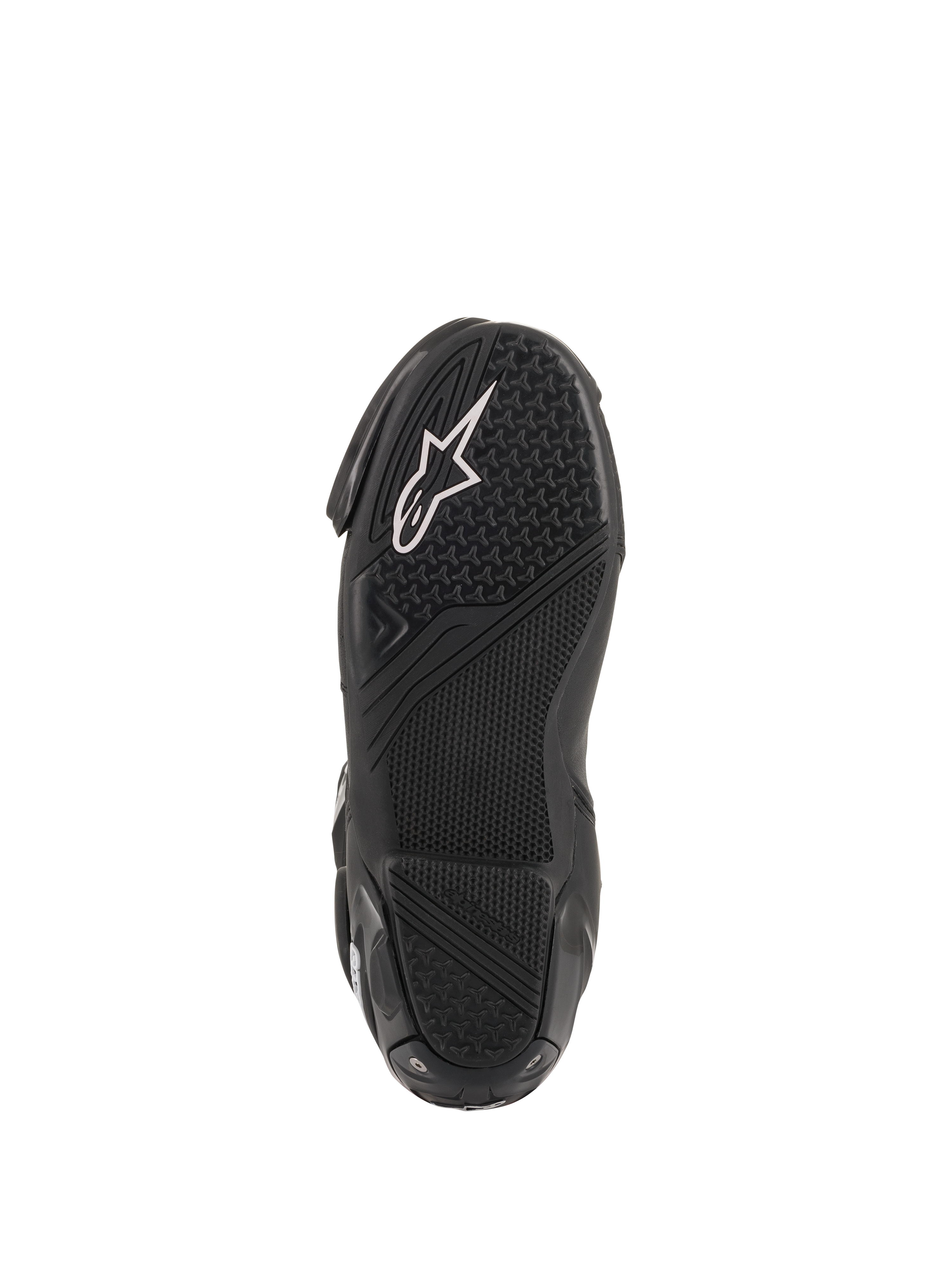 Alpinestars SMX Plus V2, botas de moto para carreras, suela de caucho negra con logotipo blanco y patrón de alto agarre.