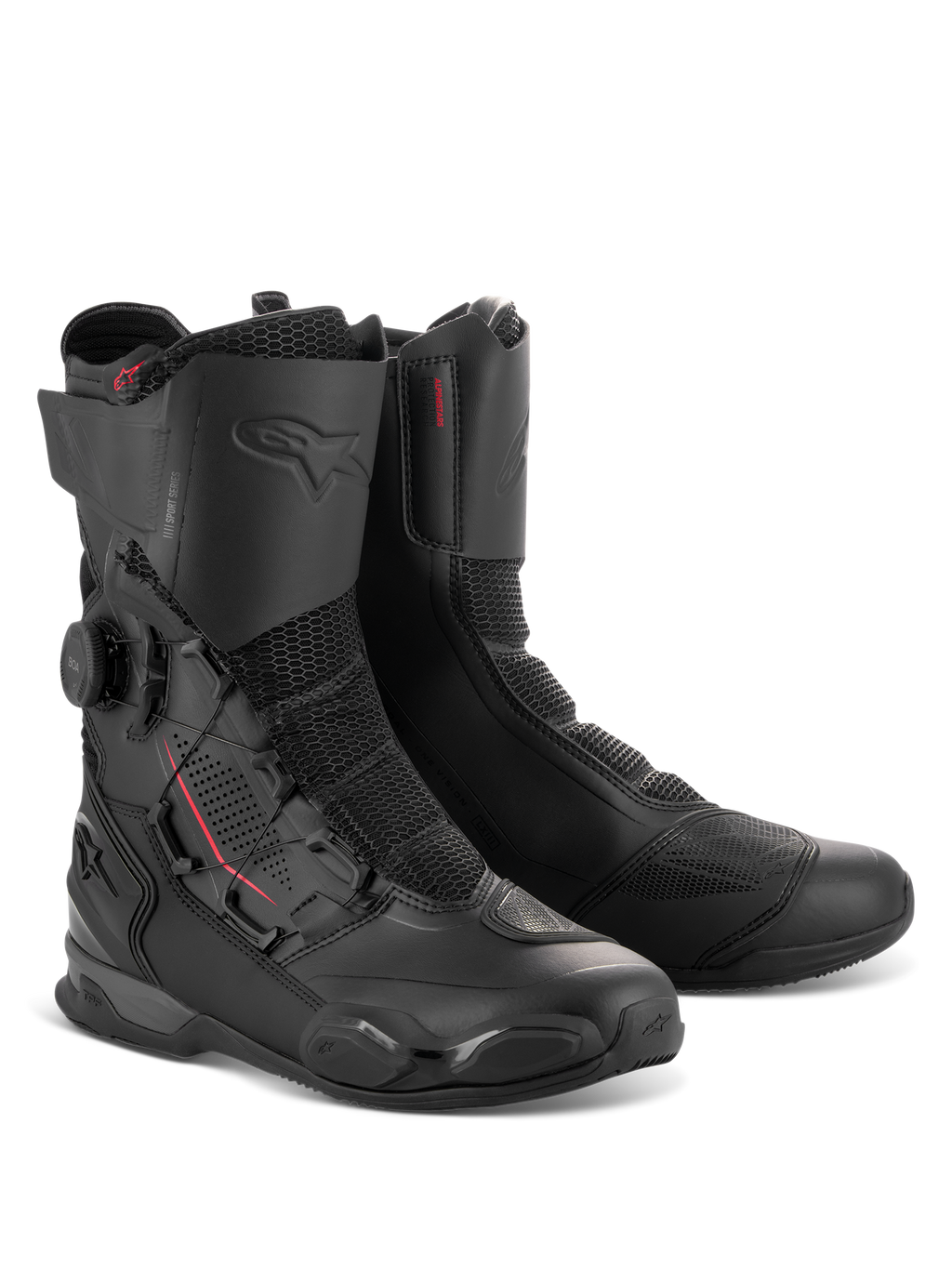 Botas Alpinestars SP-X BOA®, botas deportivas de altura media para motocicleta en color negro, con dial del sistema de ajuste BOA lateral, paneles de malla Rideknit y refuerzos protectores de TPU para conducción en carretera