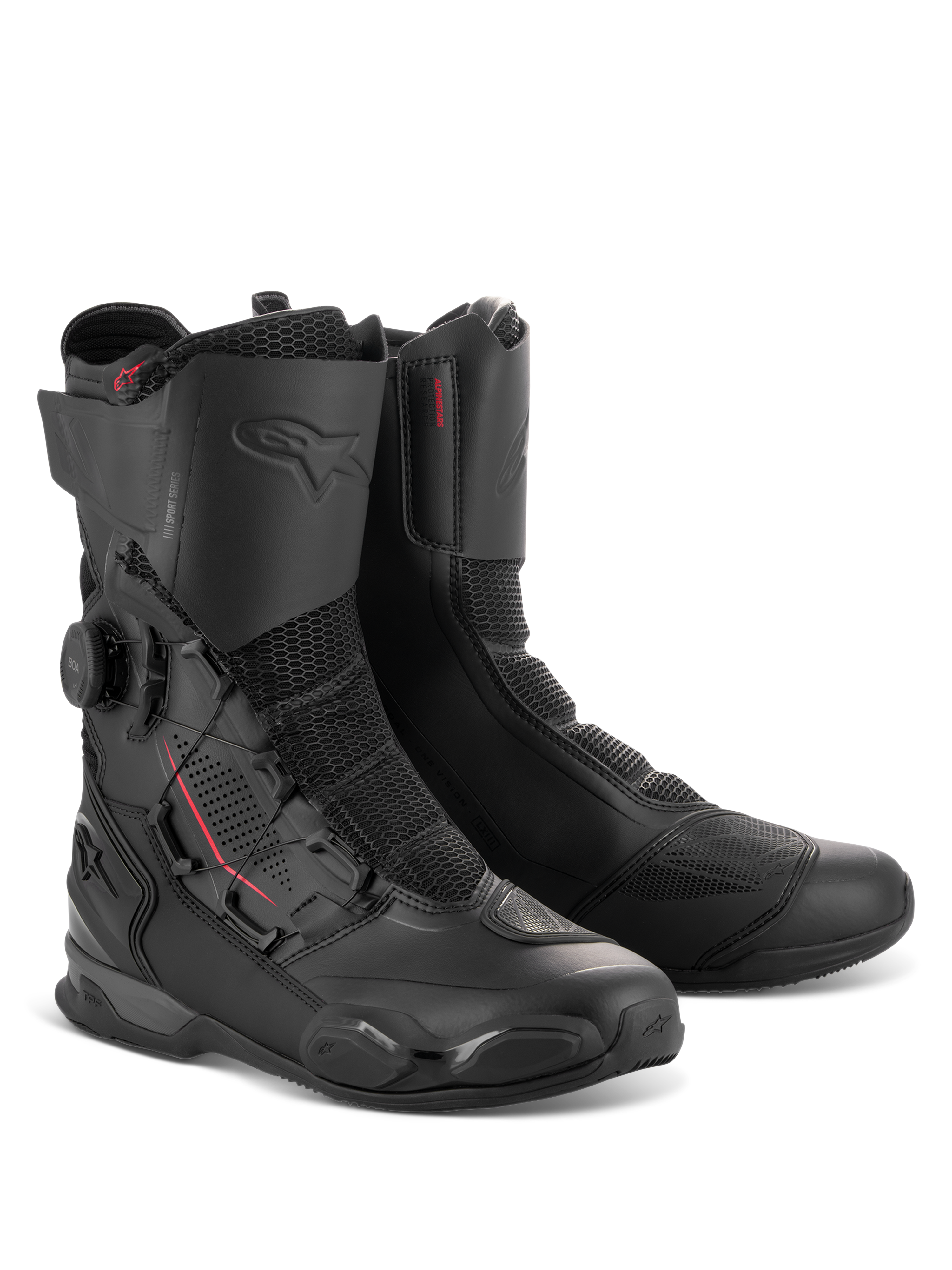 Botas Alpinestars SP-X BOA®, botas deportivas de altura media para motocicleta en color negro, con dial del sistema de ajuste BOA lateral, paneles de malla Rideknit y refuerzos protectores de TPU para conducción en carretera