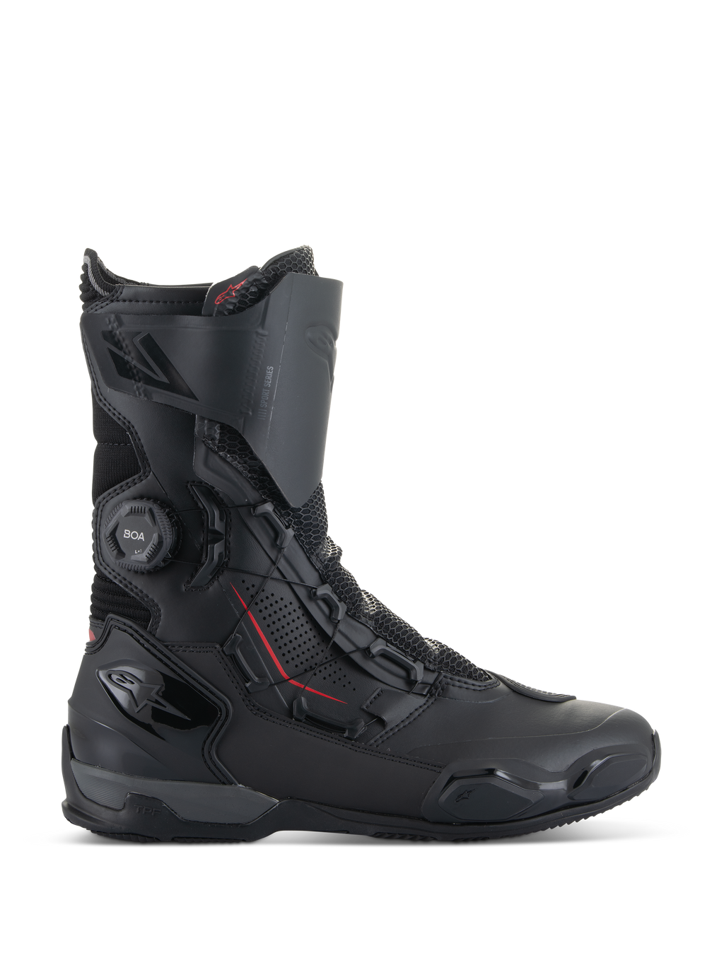 Botas Alpinestars SP-X BOA®, botas deportivas para moto, negras con detalles rojos, dial del sistema de ajuste BOA®, construcción de media altura con paneles de microfibra y malla, protección de TPU en talón y puntera, diseño elegante para conducción en carretera