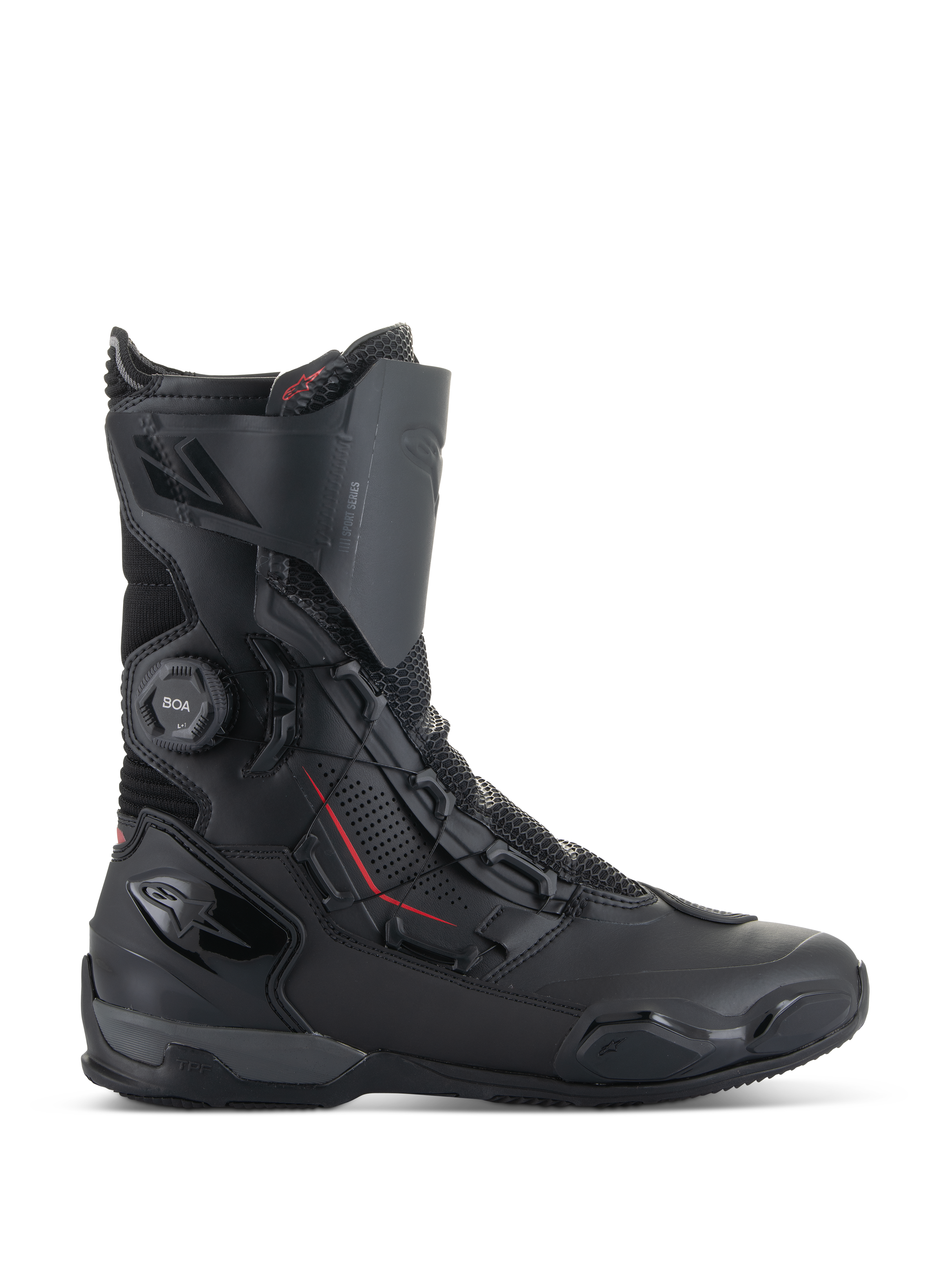 Botas Alpinestars SP-X BOA®, botas deportivas para moto, negras con detalles rojos, dial del sistema de ajuste BOA®, construcción de media altura con paneles de microfibra y malla, protección de TPU en talón y puntera, diseño elegante para conducción en carretera