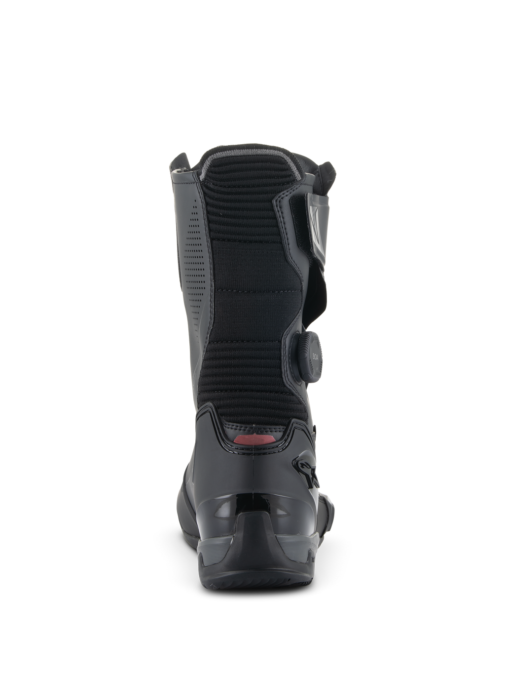 Botas Alpinestars SP-X BOA, botas deportivas de moto de media caña, negras, vista trasera que destaca el panel de flexión de acordeón acanalado, la talonera de TPU reforzada y el dial lateral del sistema de ajuste BOA