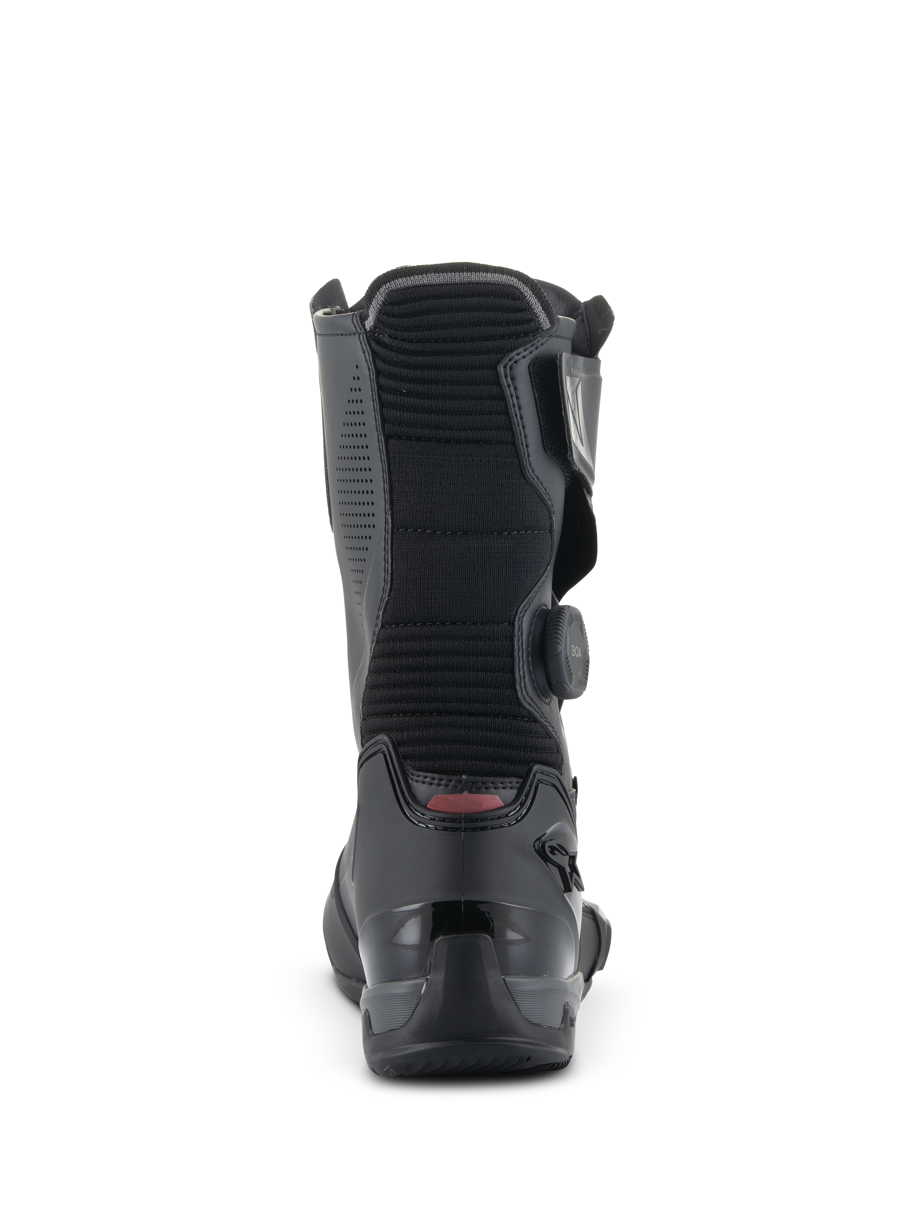 Botas Alpinestars SP-X BOA, botas deportivas de moto de media caña, negras, vista trasera que destaca el panel de flexión de acordeón acanalado, la talonera de TPU reforzada y el dial lateral del sistema de ajuste BOA