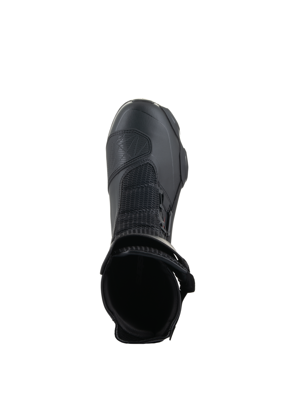 Botas Alpinestars SP-X BOA®, negro, vista superior hacia el interior de la apertura del tobillo, con malla Rideknit® y el sistema de ajuste lateral BOA® Fit System, bota de moto deportiva elegante de altura media