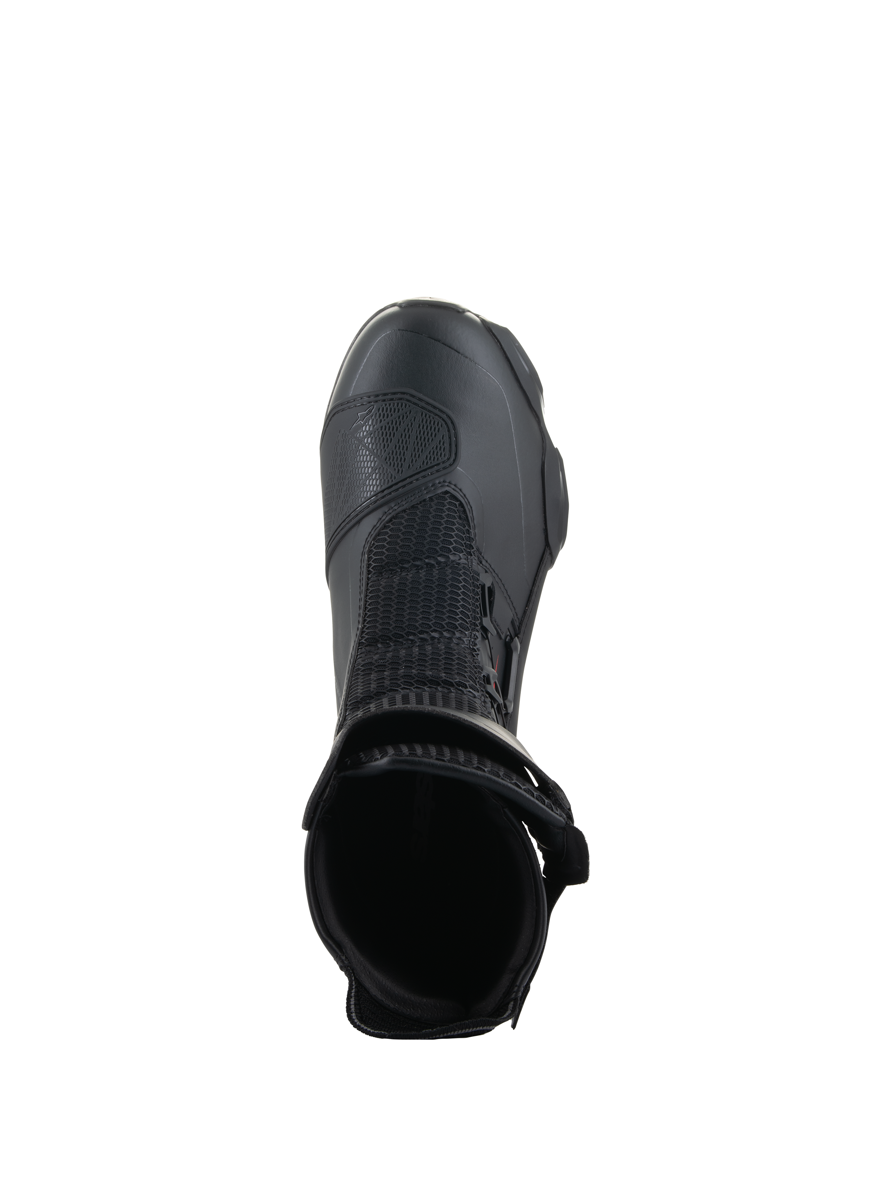 Botas Alpinestars SP-X BOA®, negro, vista superior hacia el interior de la apertura del tobillo, con malla Rideknit® y el sistema de ajuste lateral BOA® Fit System, bota de moto deportiva elegante de altura media