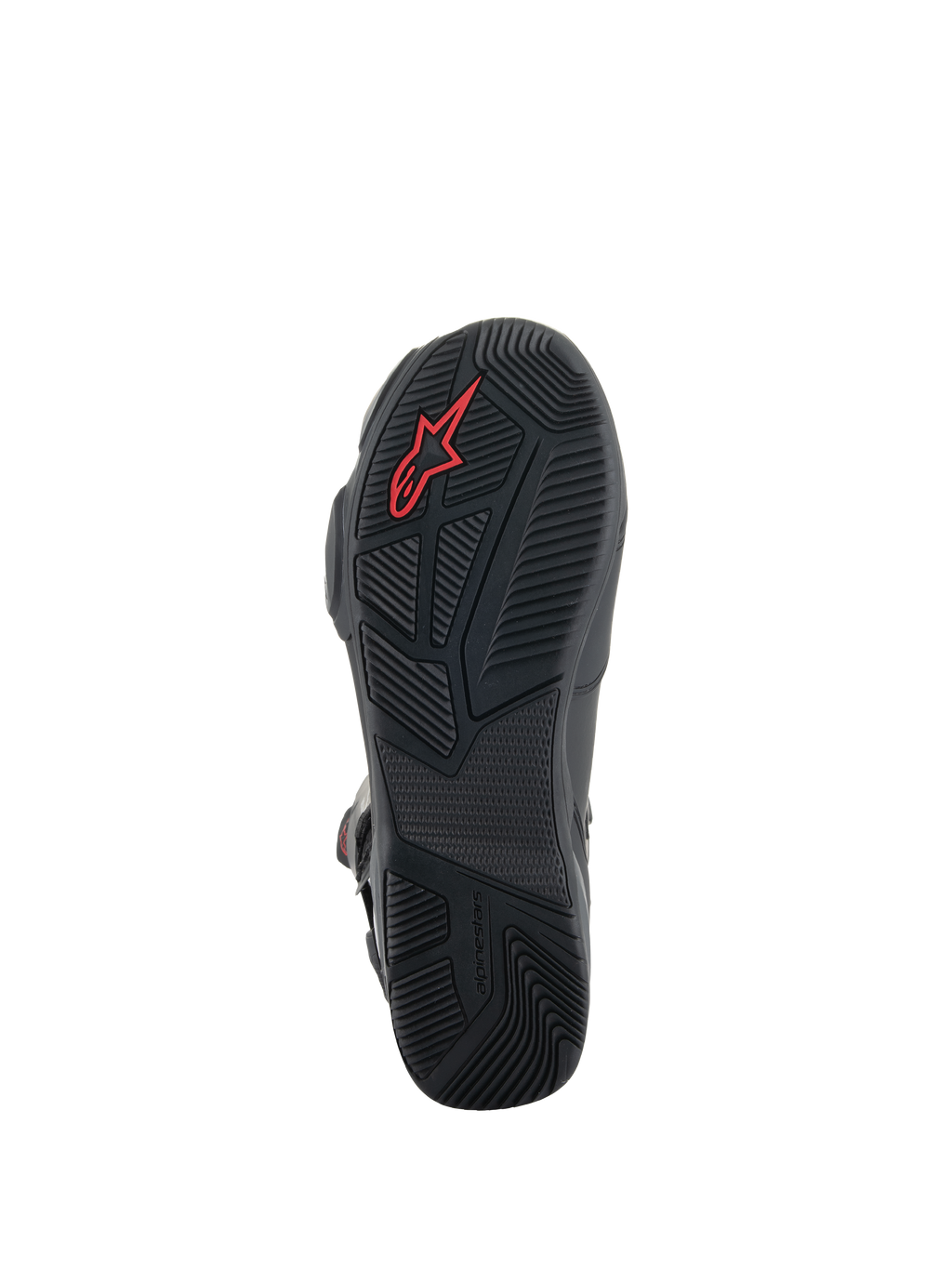 Botas Alpinestars SP-X BOA®, botas de moto negras, vista detallada de la suela de goma con patrones de agarre texturizados, logotipo Alpinestars rojo y diseño de talón asimétrico para estabilidad al caminar.