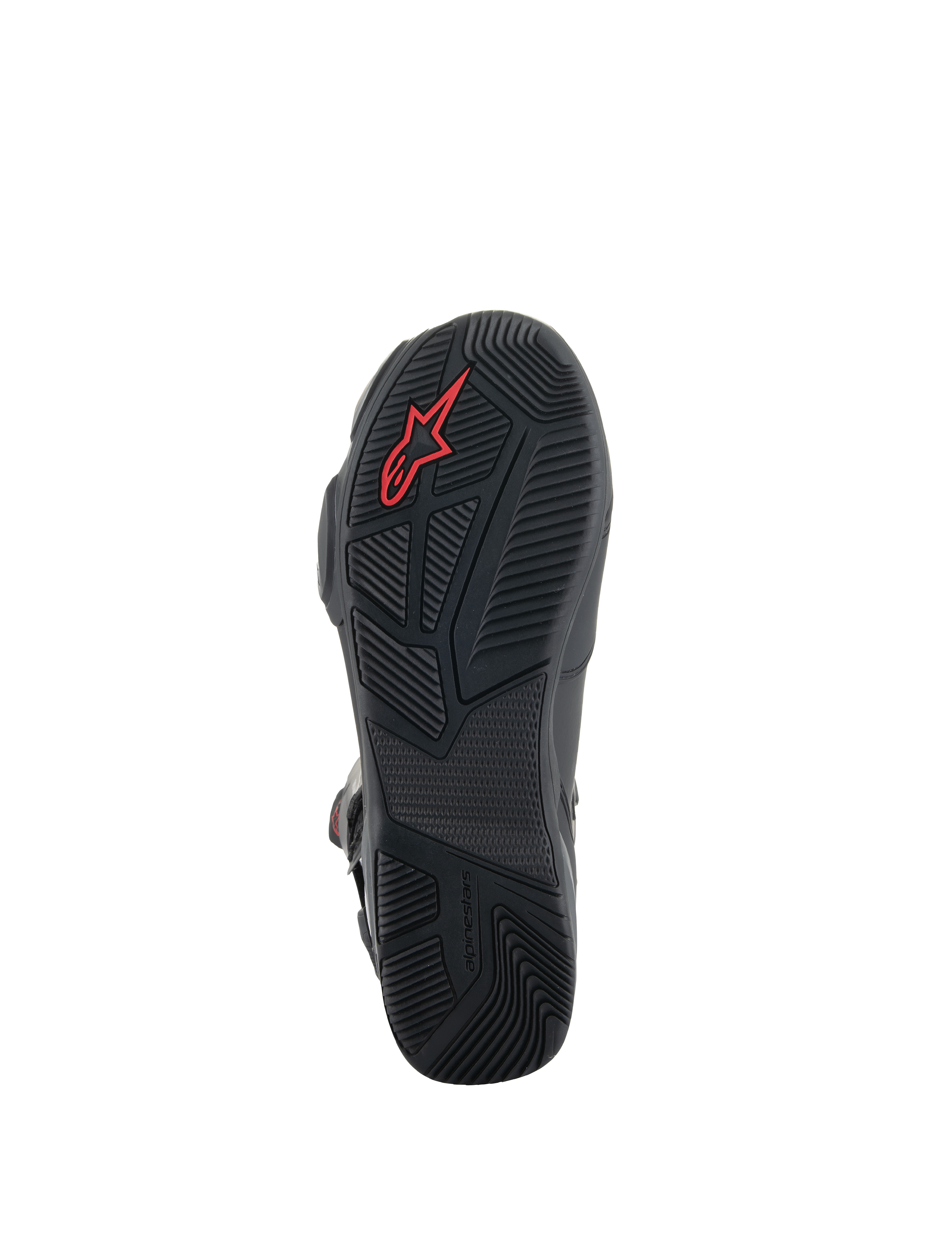 Botas Alpinestars SP-X BOA®, botas de moto negras, vista detallada de la suela de goma con patrones de agarre texturizados, logotipo Alpinestars rojo y diseño de talón asimétrico para estabilidad al caminar.