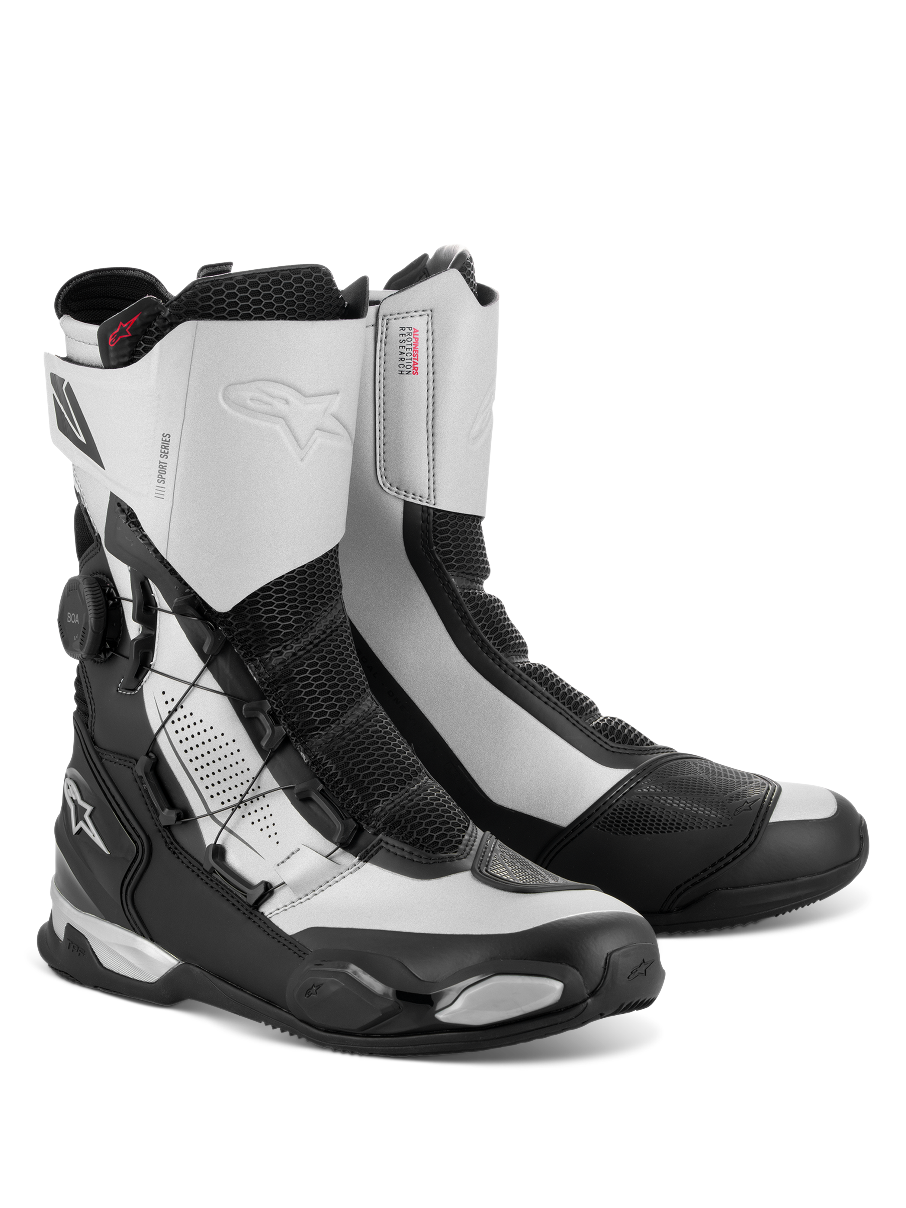 Alpinestars SP-X BOA Boots, mid-height motorcycle sport touring boots, Black and Silver, featuring the side BOA Fit System dial, Rideknit mesh panels, and TPU heel and toe protection, sleek athletic design with Alpinestars logos
