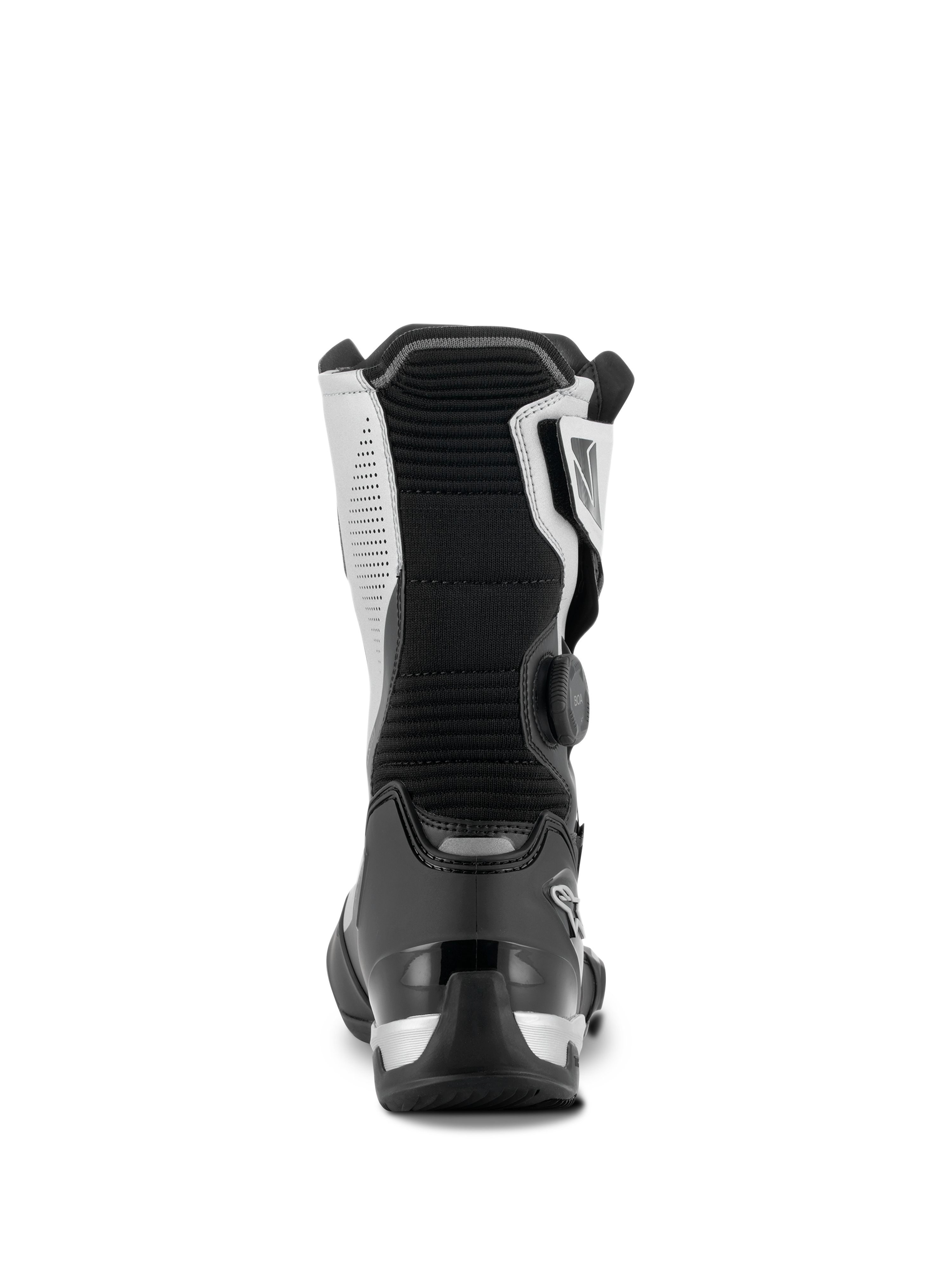 Alpinestars SP-X BOA® Boots, Black and Silver, rear view of mid-height sport touring motorcycle boot, featuring a black TPU heel counter, silver side panels, and side BOA Fit System dial, sleek and protective design