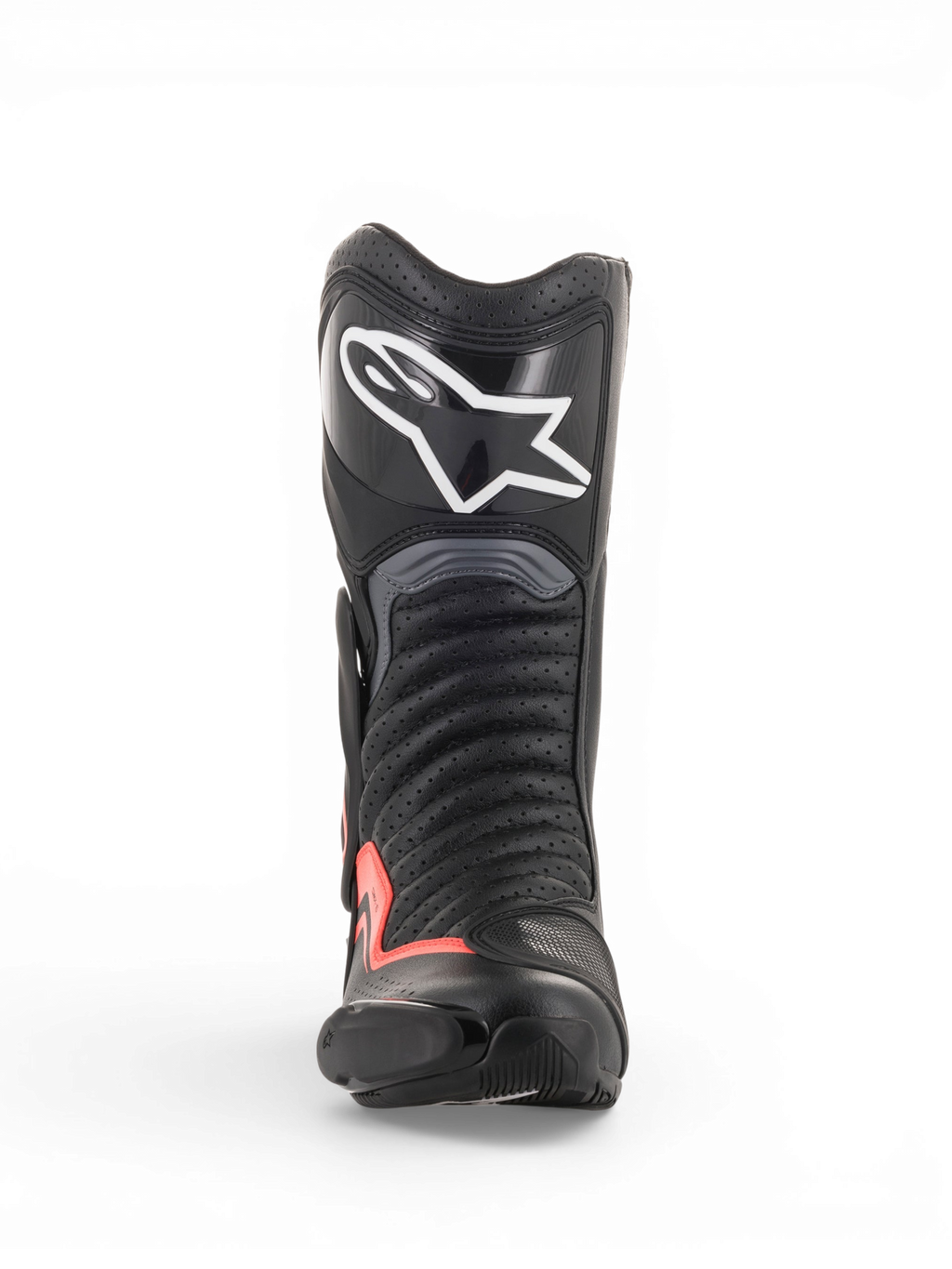 Alpinestars SMX-6 V2 Vented, botas de moto de carreras negras y grises con detalles rojos fluorescentes, vista frontal con parte superior perforada, protección de espinilla y Toe Slider