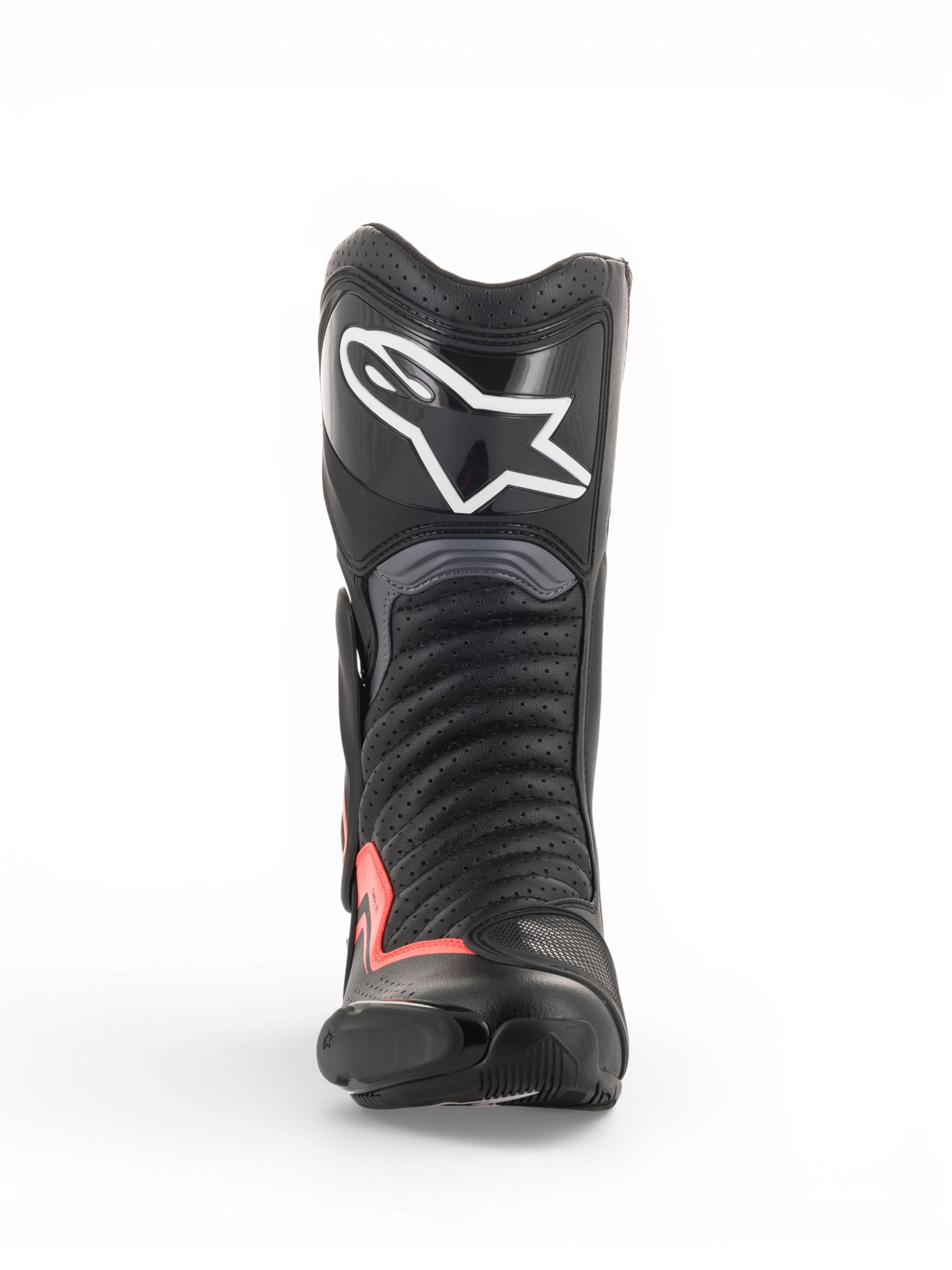 Alpinestars SMX-6 V2 Vented, botas de moto de carreras negras y grises con detalles rojos fluorescentes, vista frontal con parte superior perforada, protección de espinilla y Toe Slider