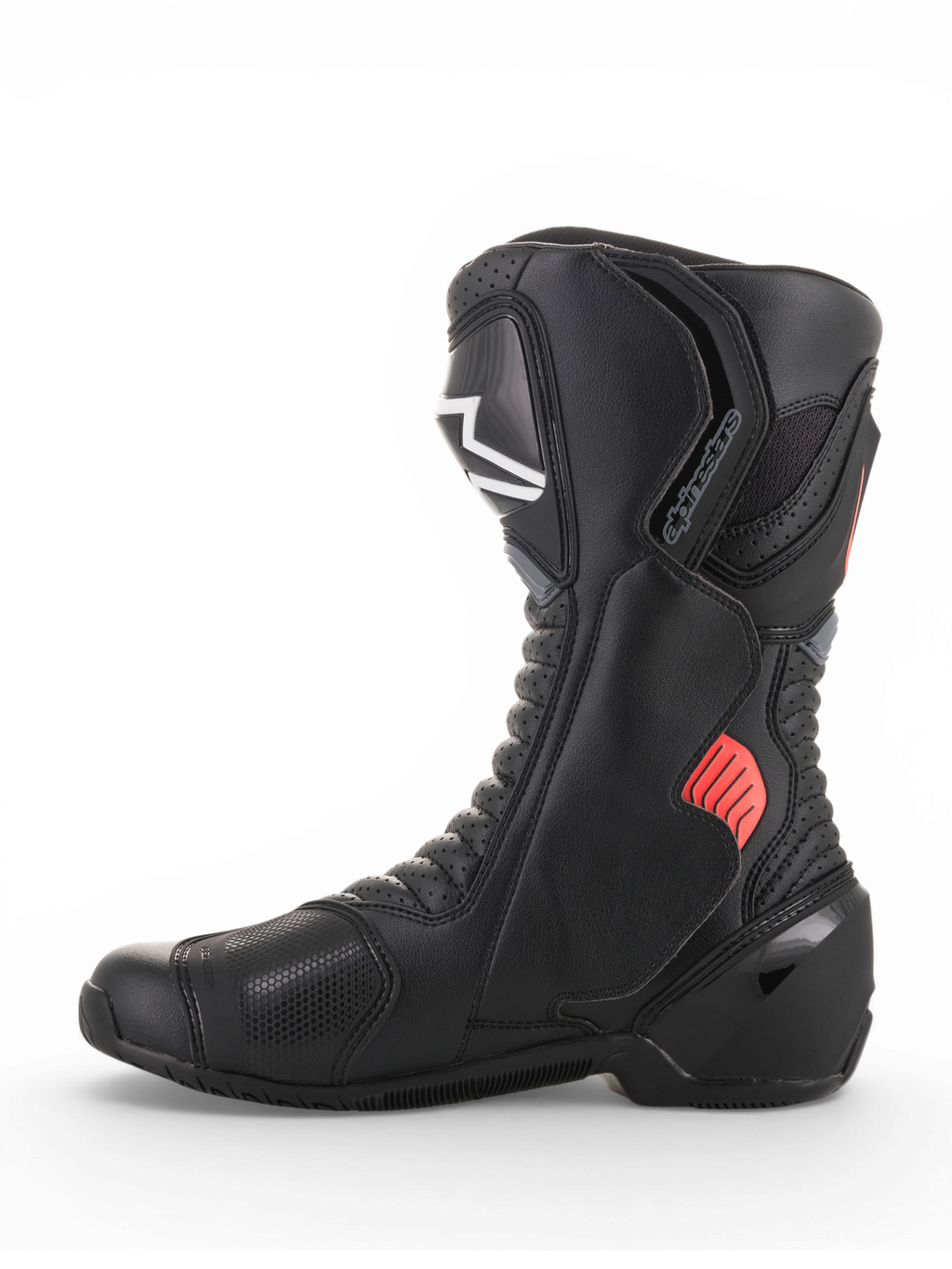 Alpinestars SMX-6 V2 Vented, bota de moto para carreras negra con detalles grises y rojos fluorescentes, paneles de malla transpirables y protectores de tobillo y espinilla