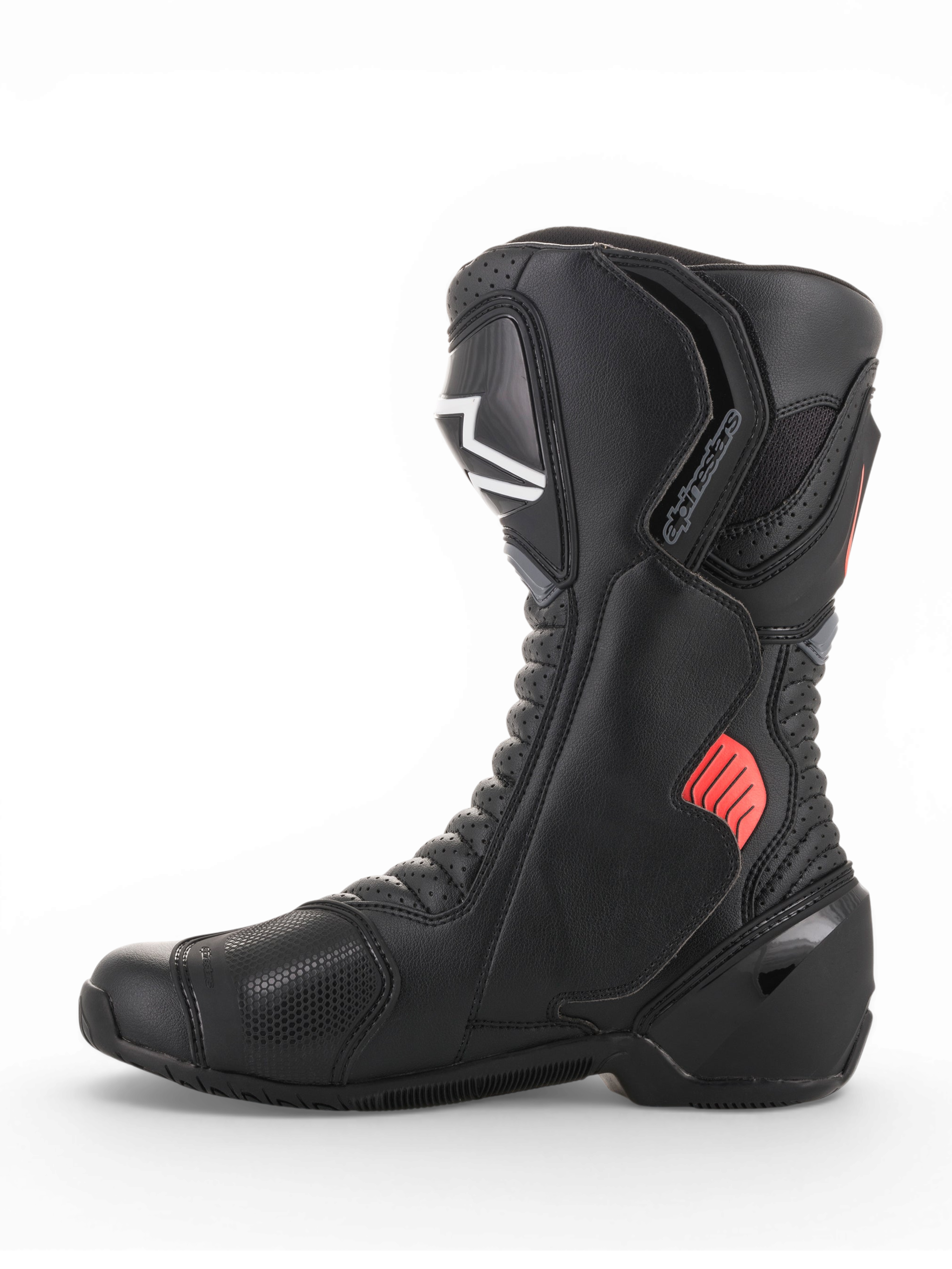 Alpinestars SMX-6 V2 Vented, bota de moto para carreras negra con detalles grises y rojos fluorescentes, paneles de malla transpirables y protectores de tobillo y espinilla