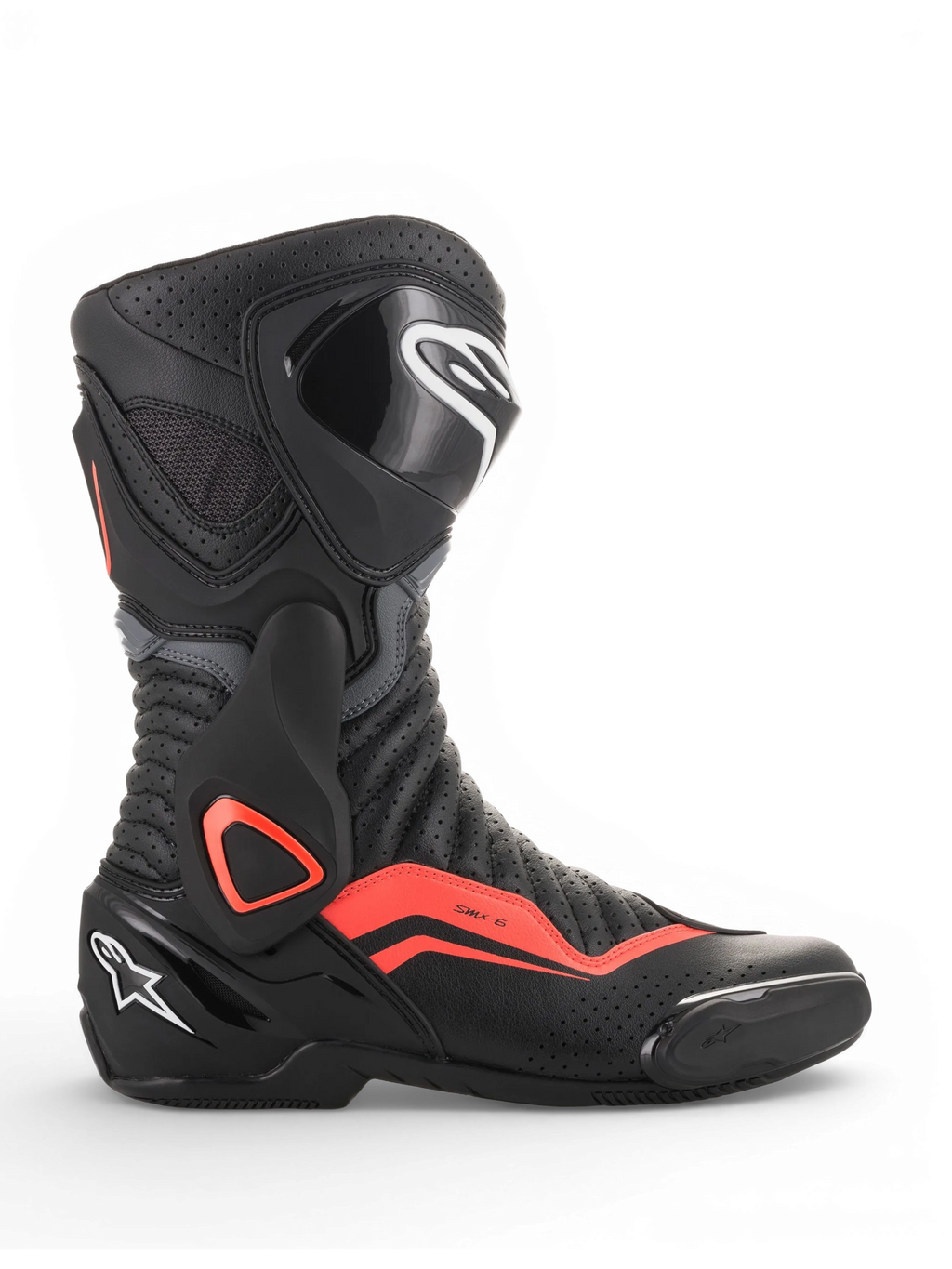 Alpinestars SMX-6 V2 Vented, botas de moto para carreras, negras y grises con detalles rojos fluorescentes, ventilación perforada y paneles protectores en el tobillo y la espinilla