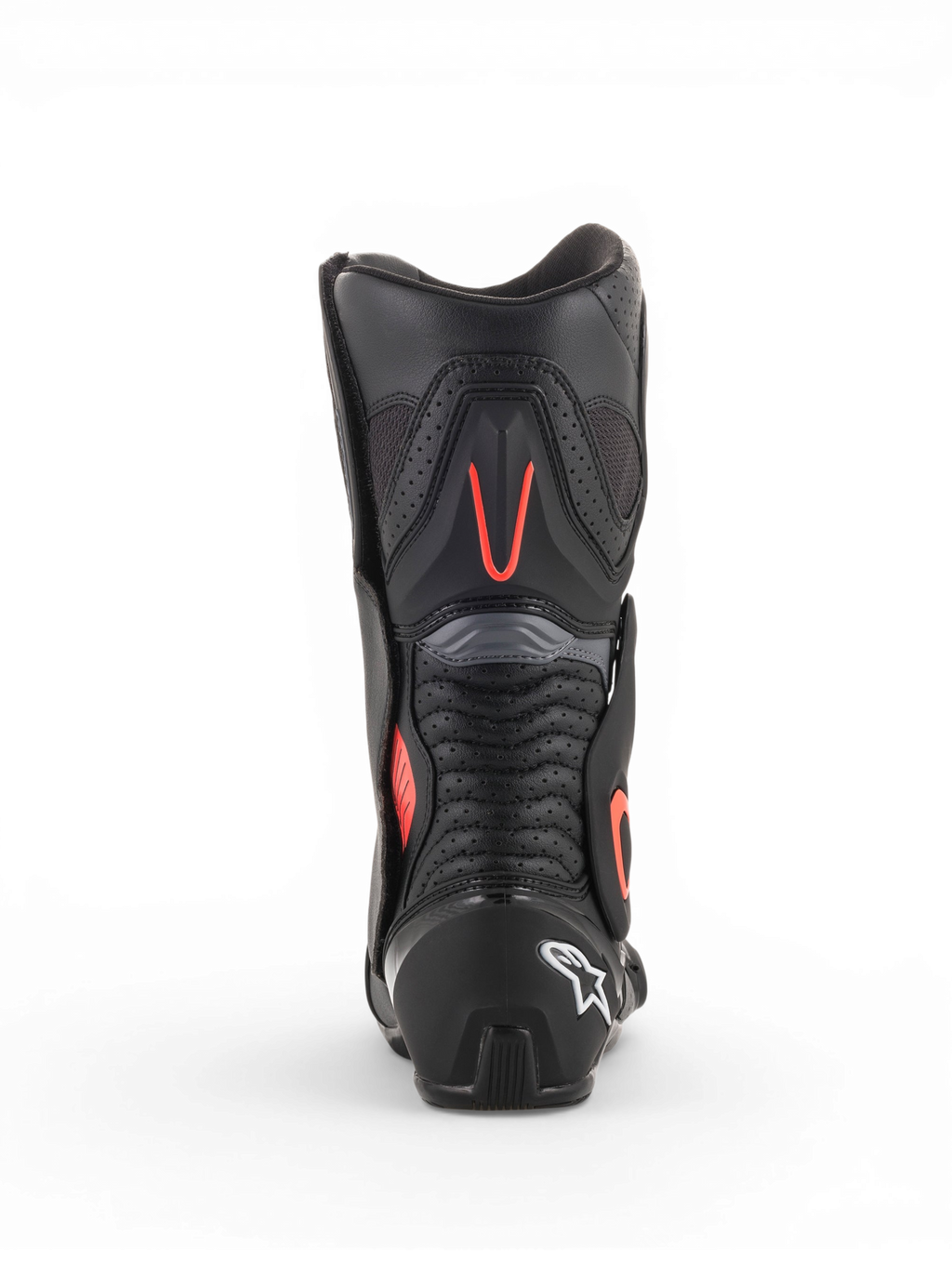 Alpinestars SMX-6 V2 Vented, botas de moto de carreras para hombre negras y grises con detalles rojos fluorescentes, vista trasera con paneles de ventilación perforados y talón protector