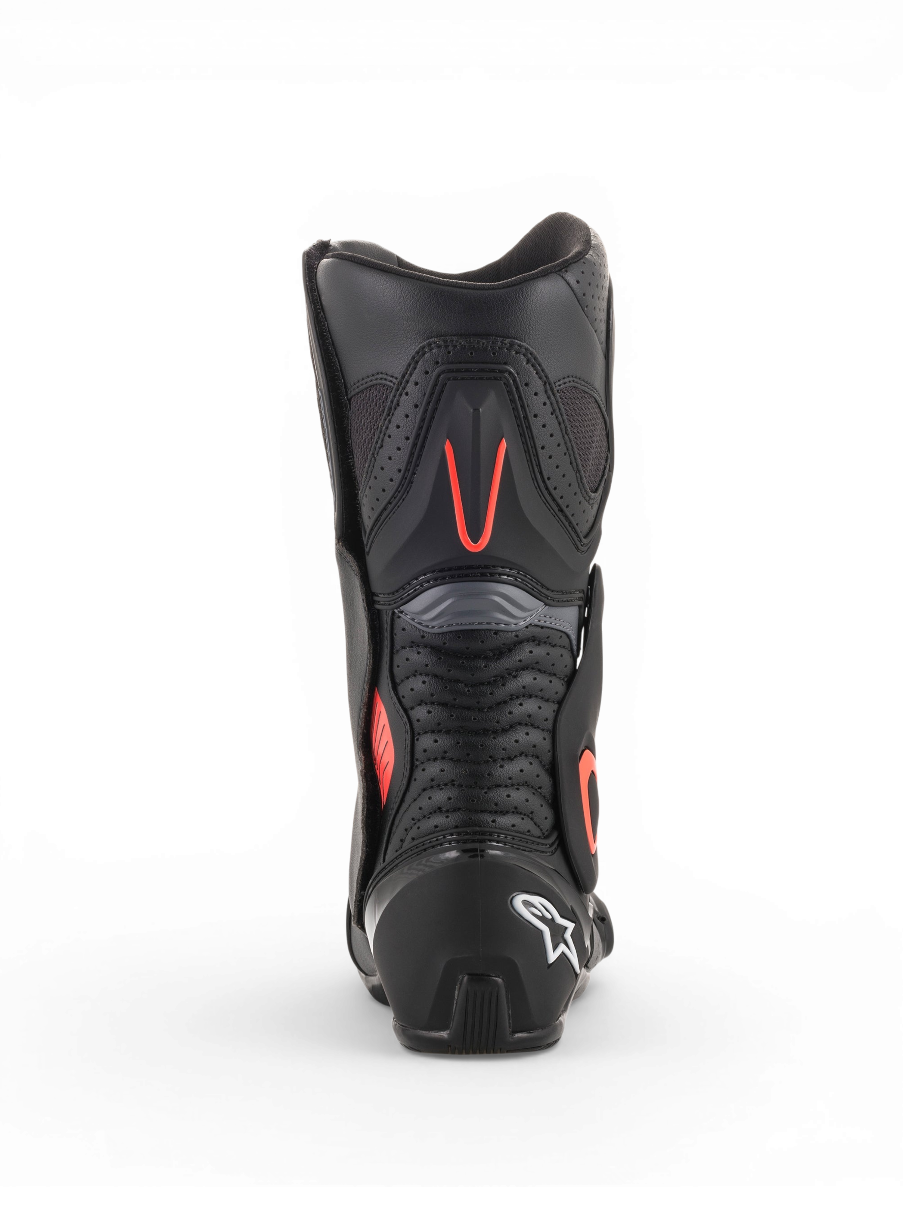 Alpinestars SMX-6 V2 Vented, botas de moto de carreras para hombre negras y grises con detalles rojos fluorescentes, vista trasera con paneles de ventilación perforados y talón protector
