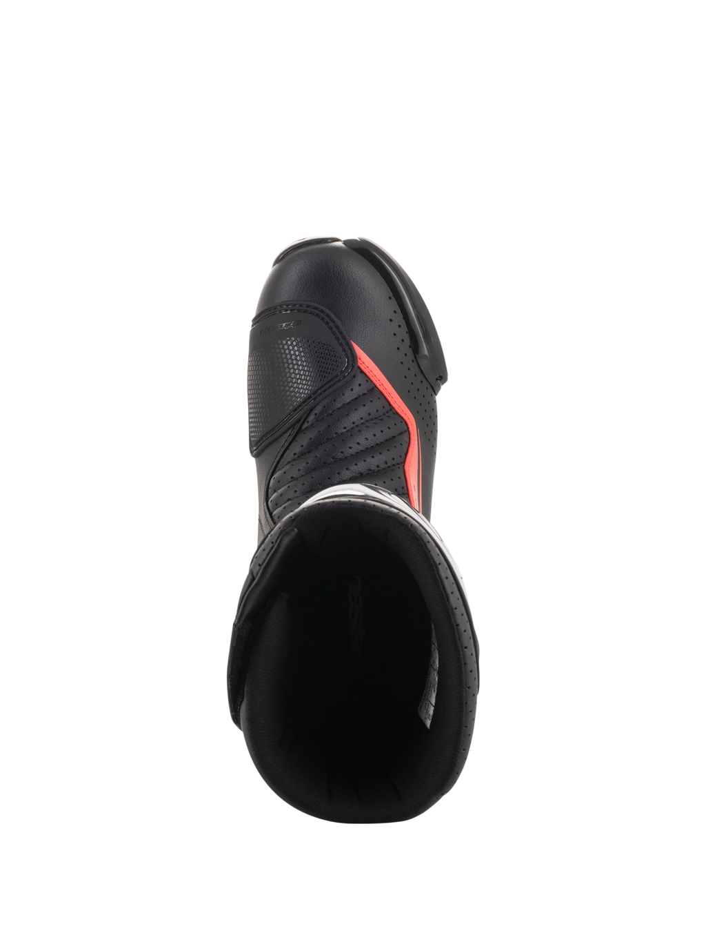 Alpinestars SMX-6 V2 Vented, bota de moto para carreras negra con detalles rojos fluorescentes, vista superior con parte superior perforada, protección de tobillo y abertura