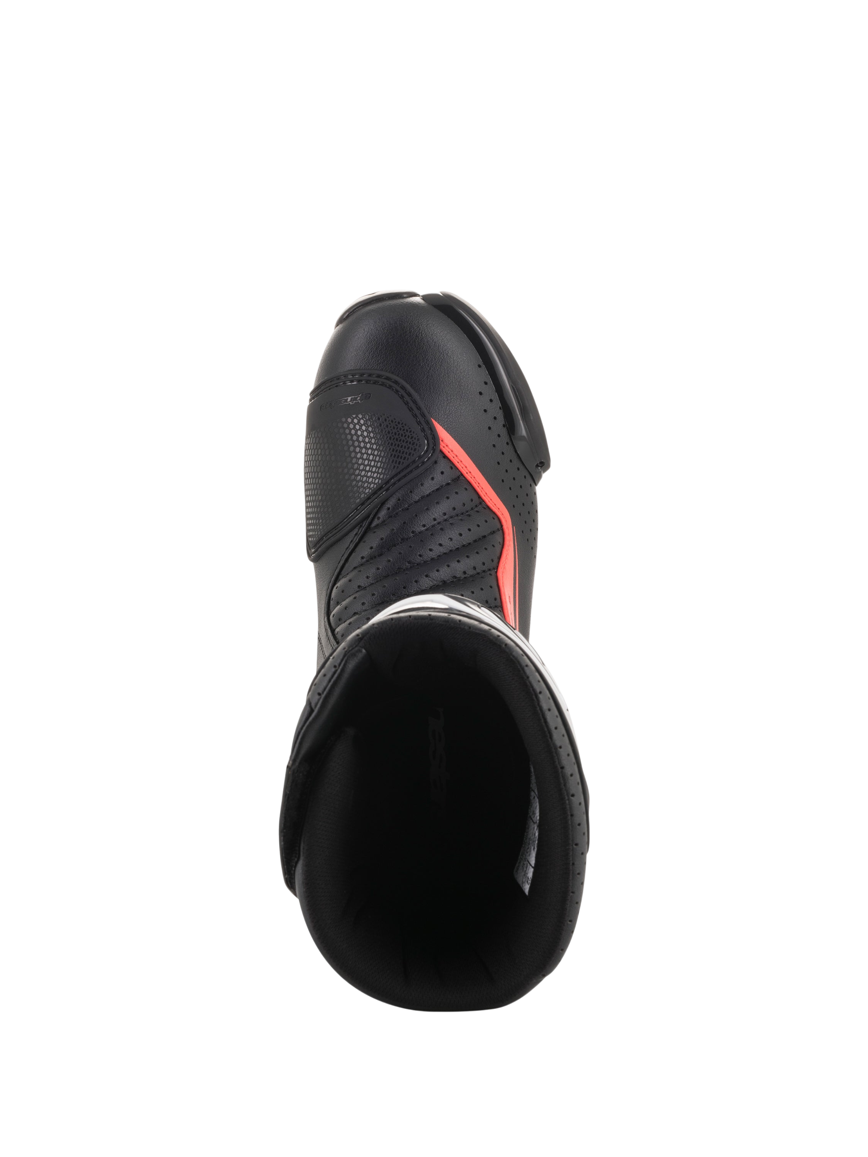 Alpinestars SMX-6 V2 Vented, bota de moto para carreras negra con detalles rojos fluorescentes, vista superior con parte superior perforada, protección de tobillo y abertura