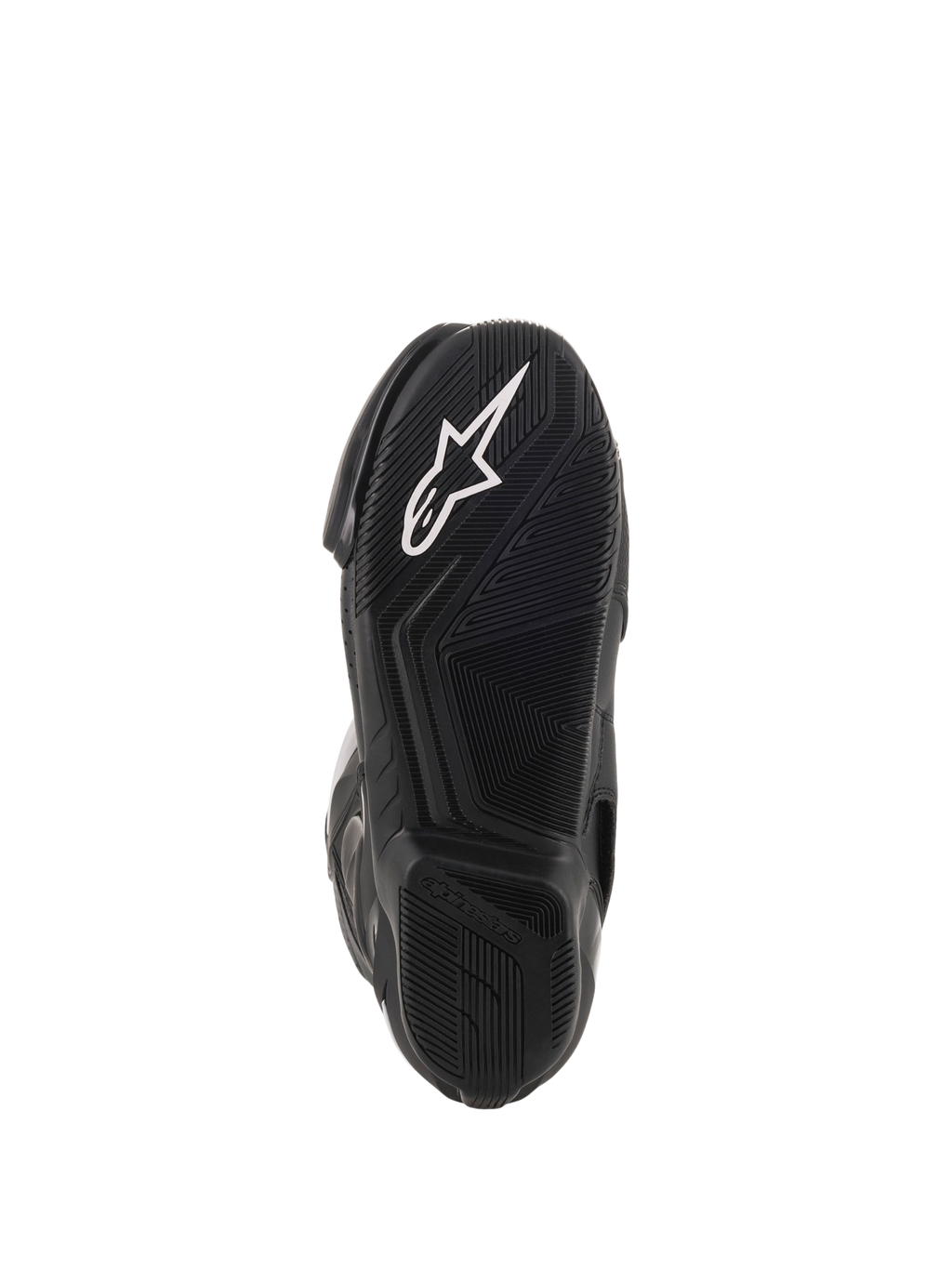 Botas Vented SMX-6 V2 de moto para carreras, negras, primer plano de la suela exterior de goma texturizada con logotipo blanco de Alpinestars