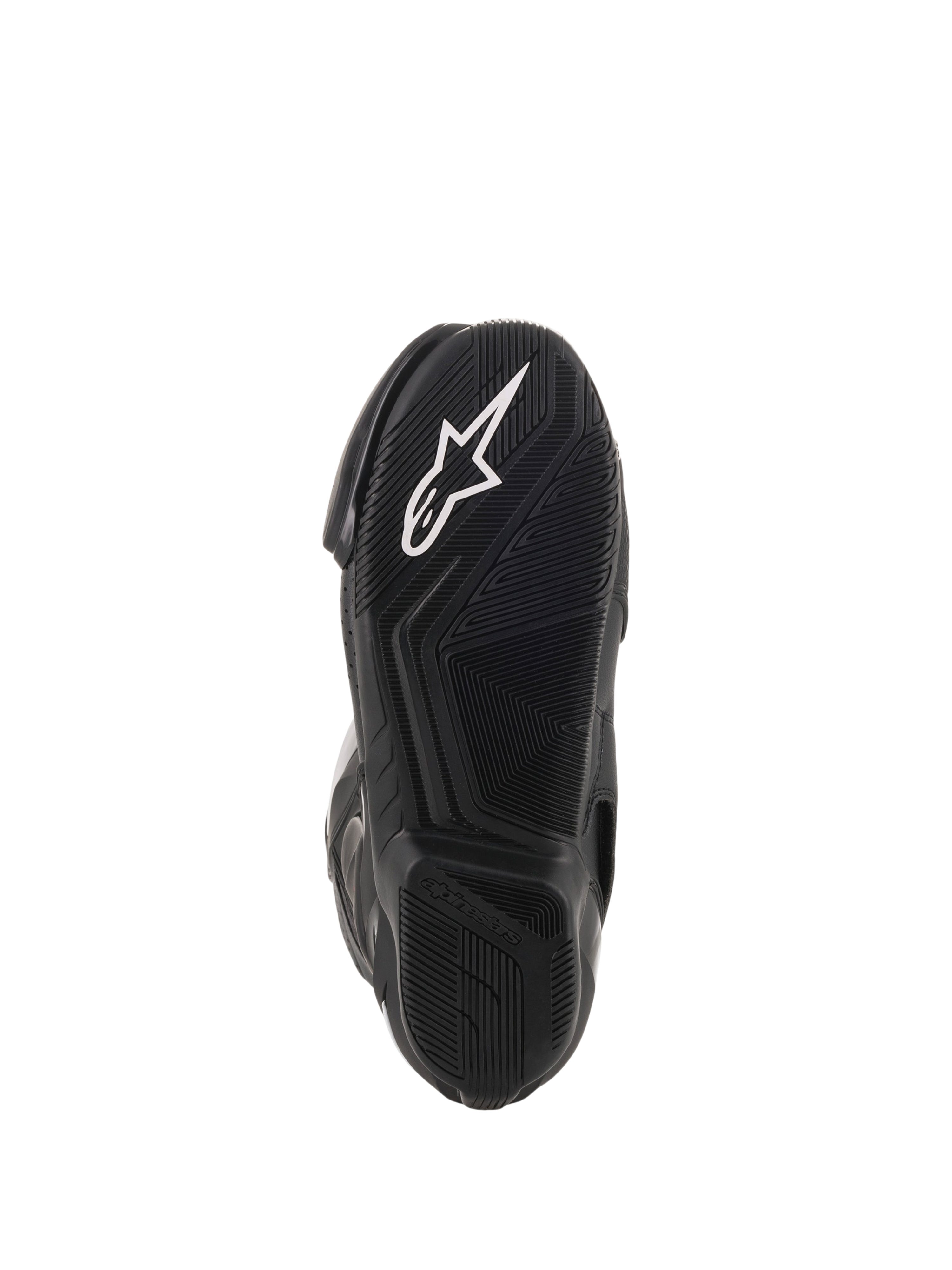 Botas Vented SMX-6 V2 de moto para carreras, negras, primer plano de la suela exterior de goma texturizada con logotipo blanco de Alpinestars