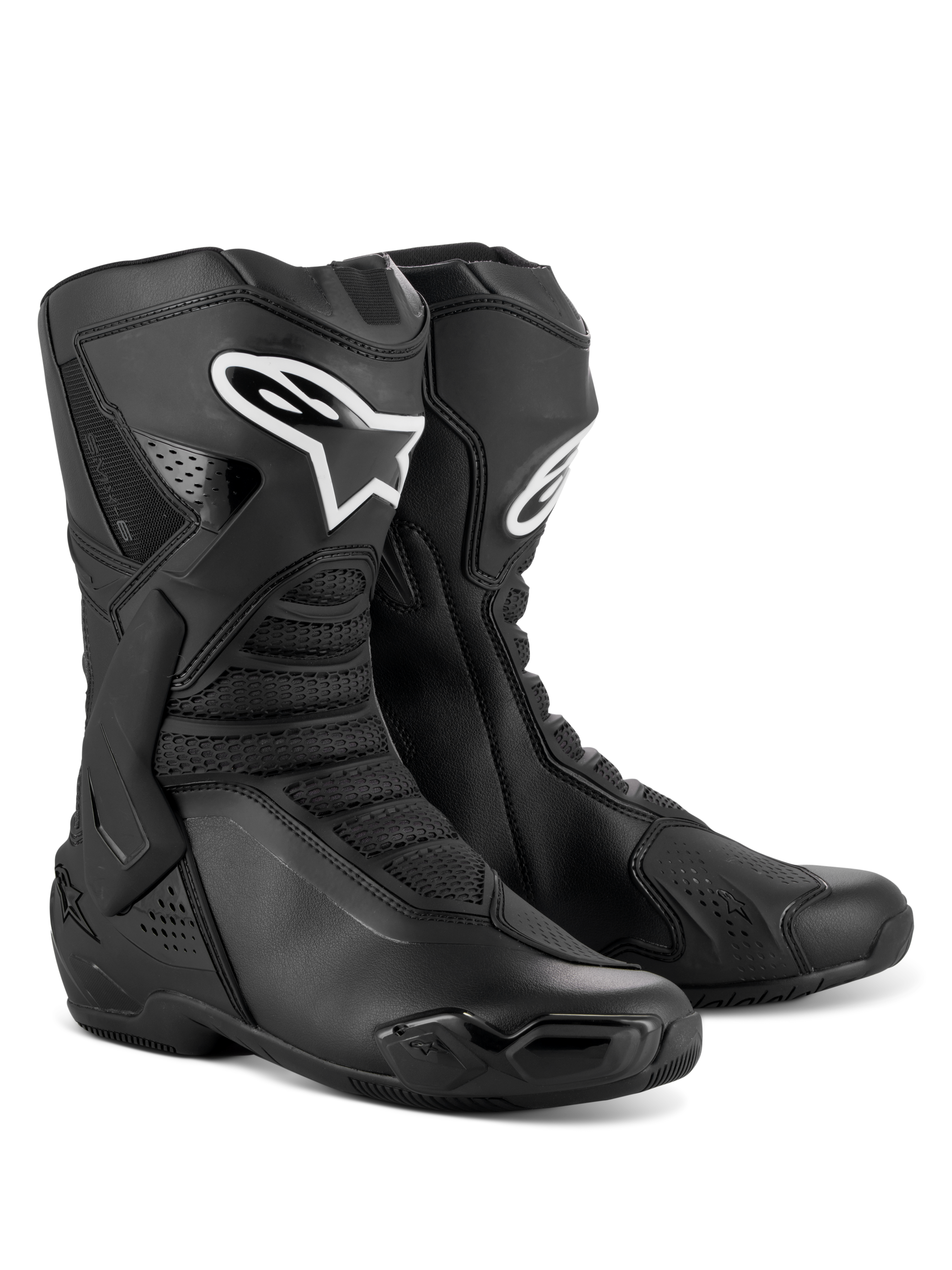Botas Alpinestars SMX-6 V3, botas de alto rendimiento para motociclismo, color negro, con protección de TPU en la espinilla y el tobillo, paneles de malla flexibles, diseño ergonómico para conducción deportiva y en circuito, logotipo blanco de Alpinestars en la espinilla