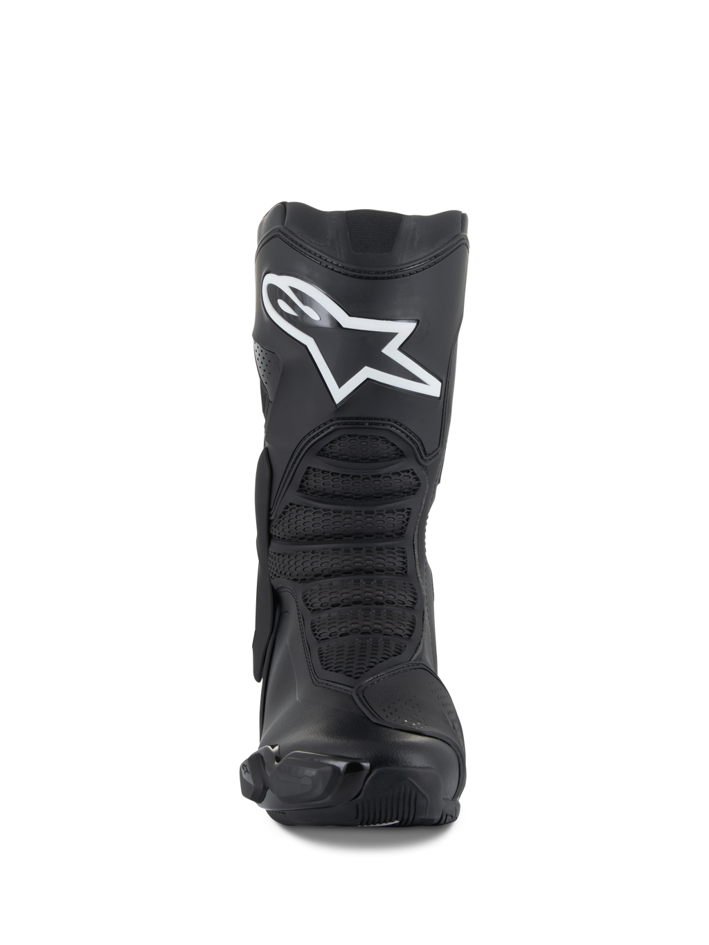 Botas Alpinestars SMX-6 V3, negro, botas de motociclismo de alto rendimiento, vista frontal con un prominente logotipo Astar blanco en la espinilla, zonas de flexión delanteras texturizadas y elegantes elementos protectores de TPU