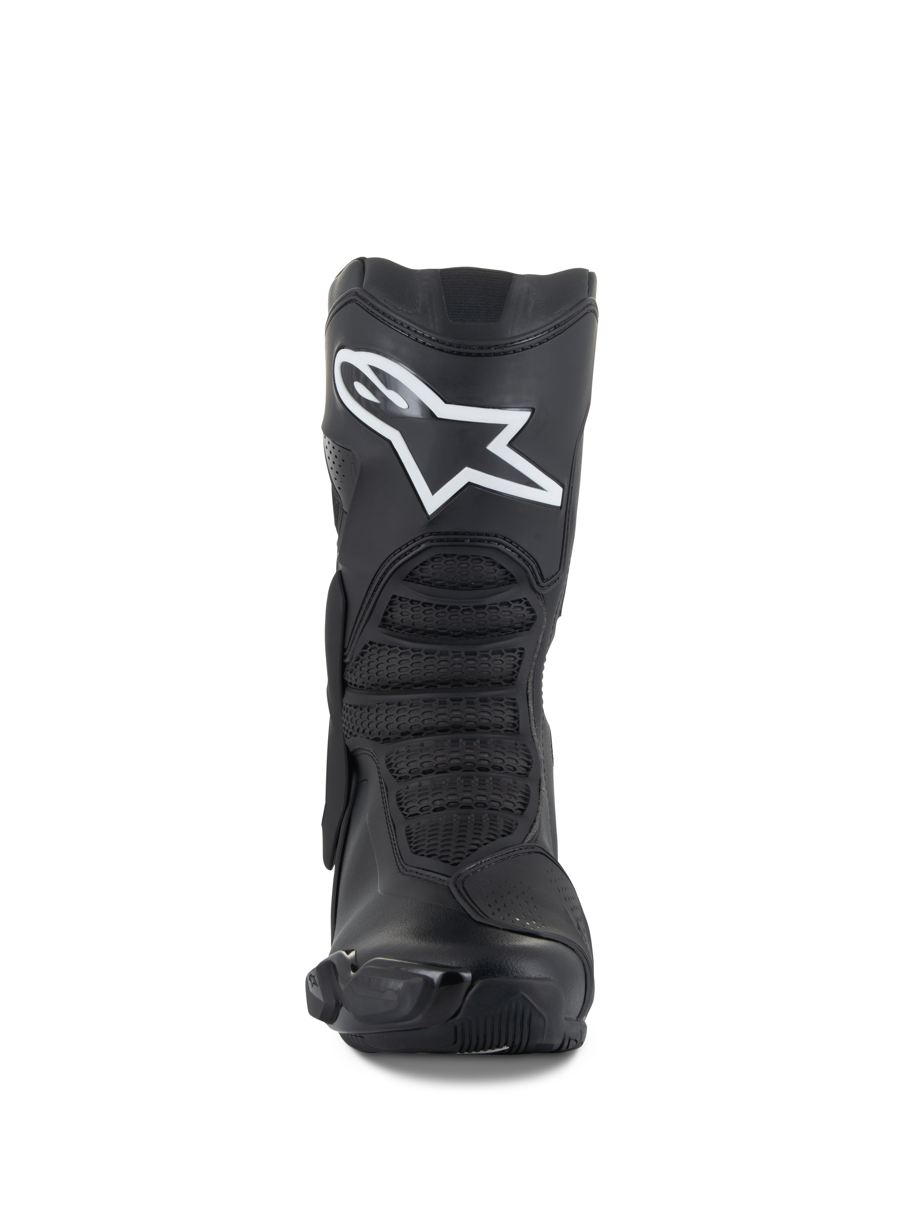 Botas Alpinestars SMX-6 V3, negro, botas de motociclismo de alto rendimiento, vista frontal con un prominente logotipo Astar blanco en la espinilla, zonas de flexión delanteras texturizadas y elegantes elementos protectores de TPU