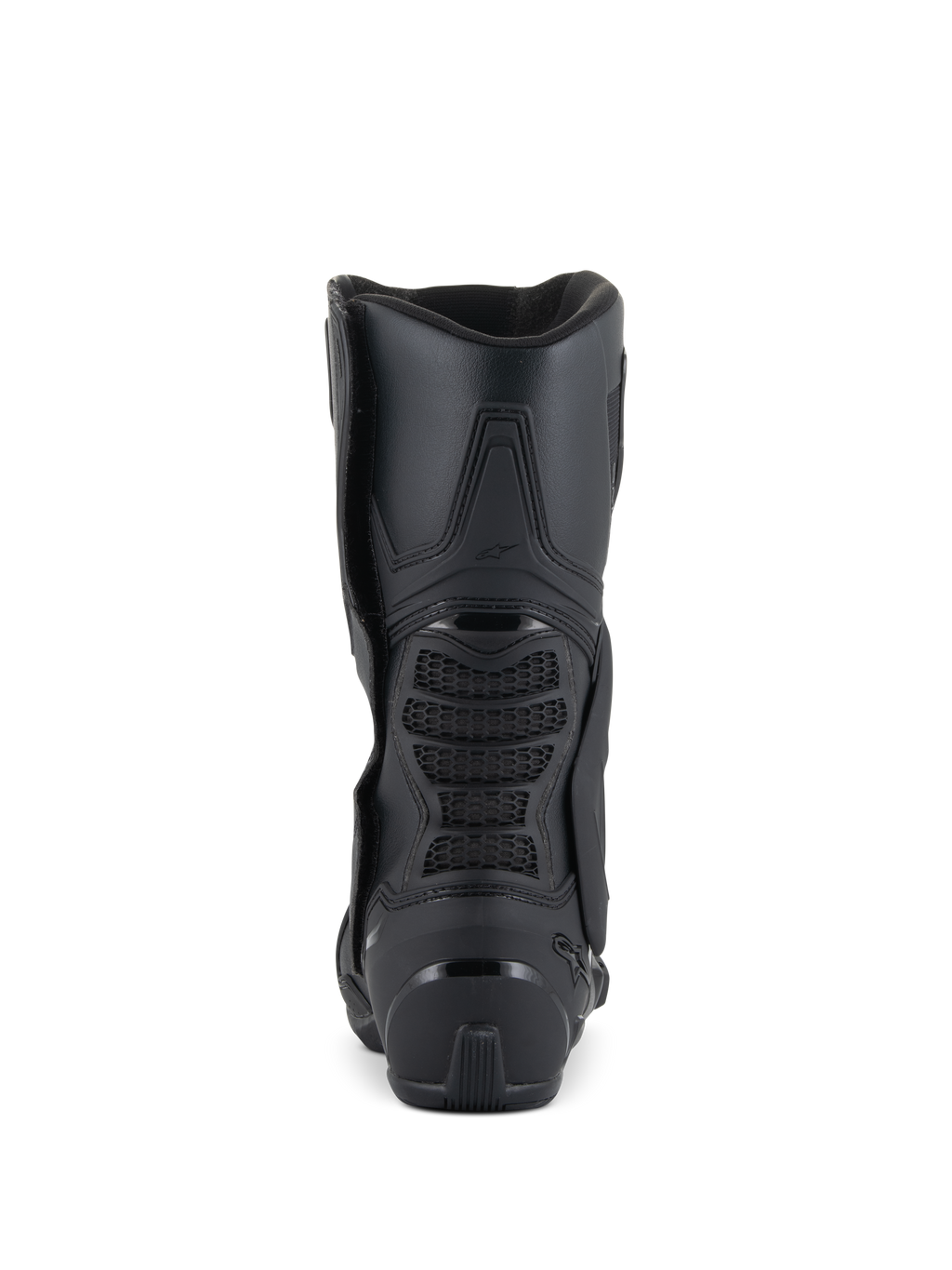 Botas Alpinestars SMX-6 V3, botas de motociclismo de alto rendimiento, negro, vista trasera que muestra el talón reforzado, zona de flexión trasera de malla 3D y diseño ergonómico estilizado para conducción en circuito y calle