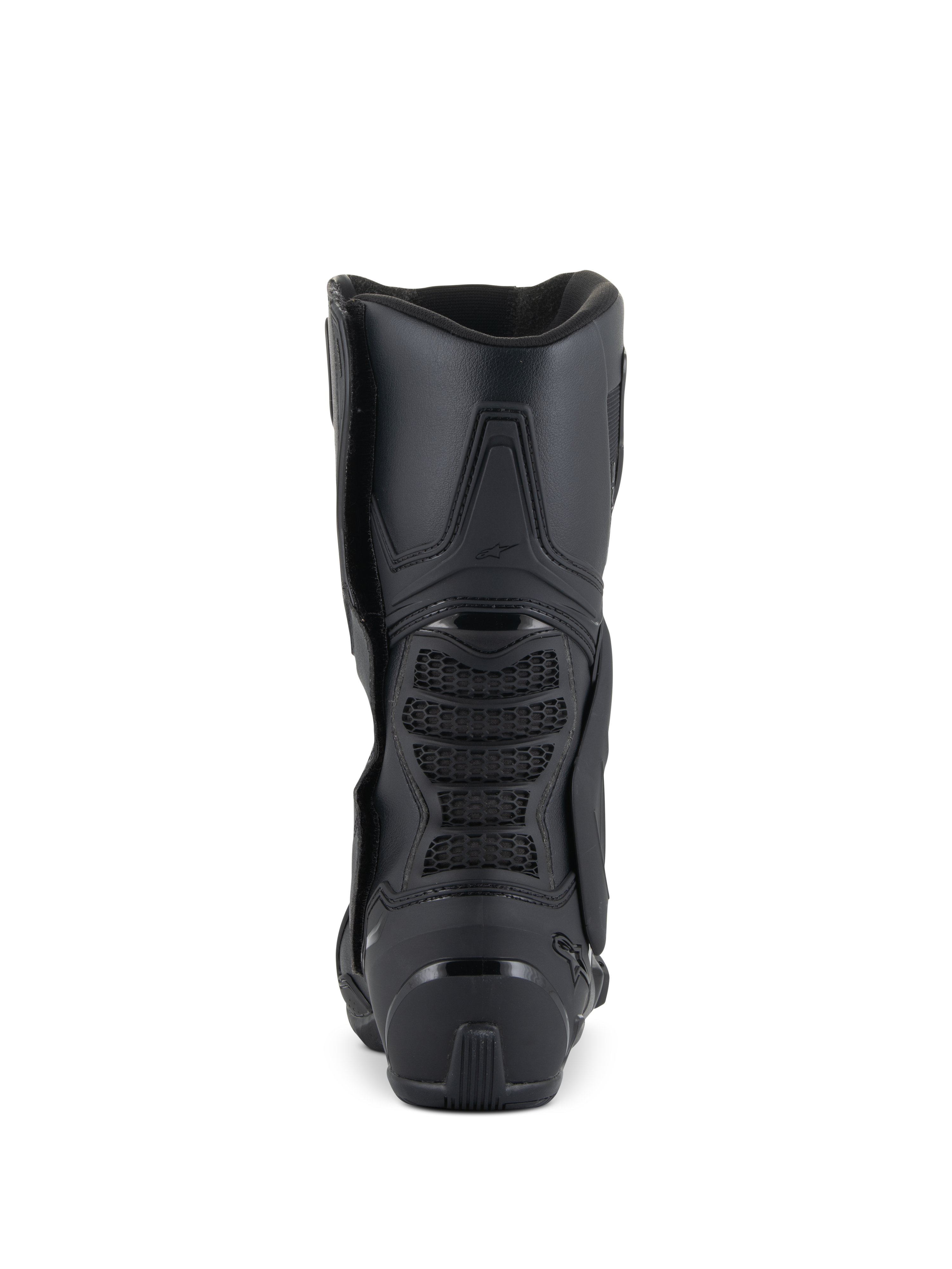 Botas Alpinestars SMX-6 V3, botas de motociclismo de alto rendimiento, negro, vista trasera que muestra el talón reforzado, zona de flexión trasera de malla 3D y diseño ergonómico estilizado para conducción en circuito y calle