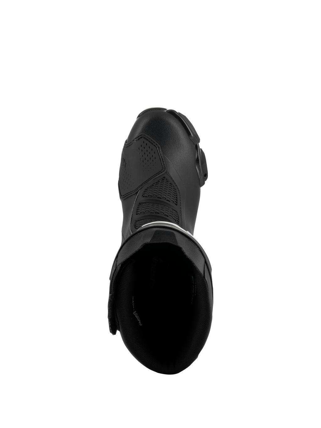 Botas Alpinestars SMX-6 V3, negras, vista superior que muestra la apertura interior y la construcción de la parte superior, calzado de motociclismo de alto rendimiento con materiales de microfibra y zonas de flexión de malla