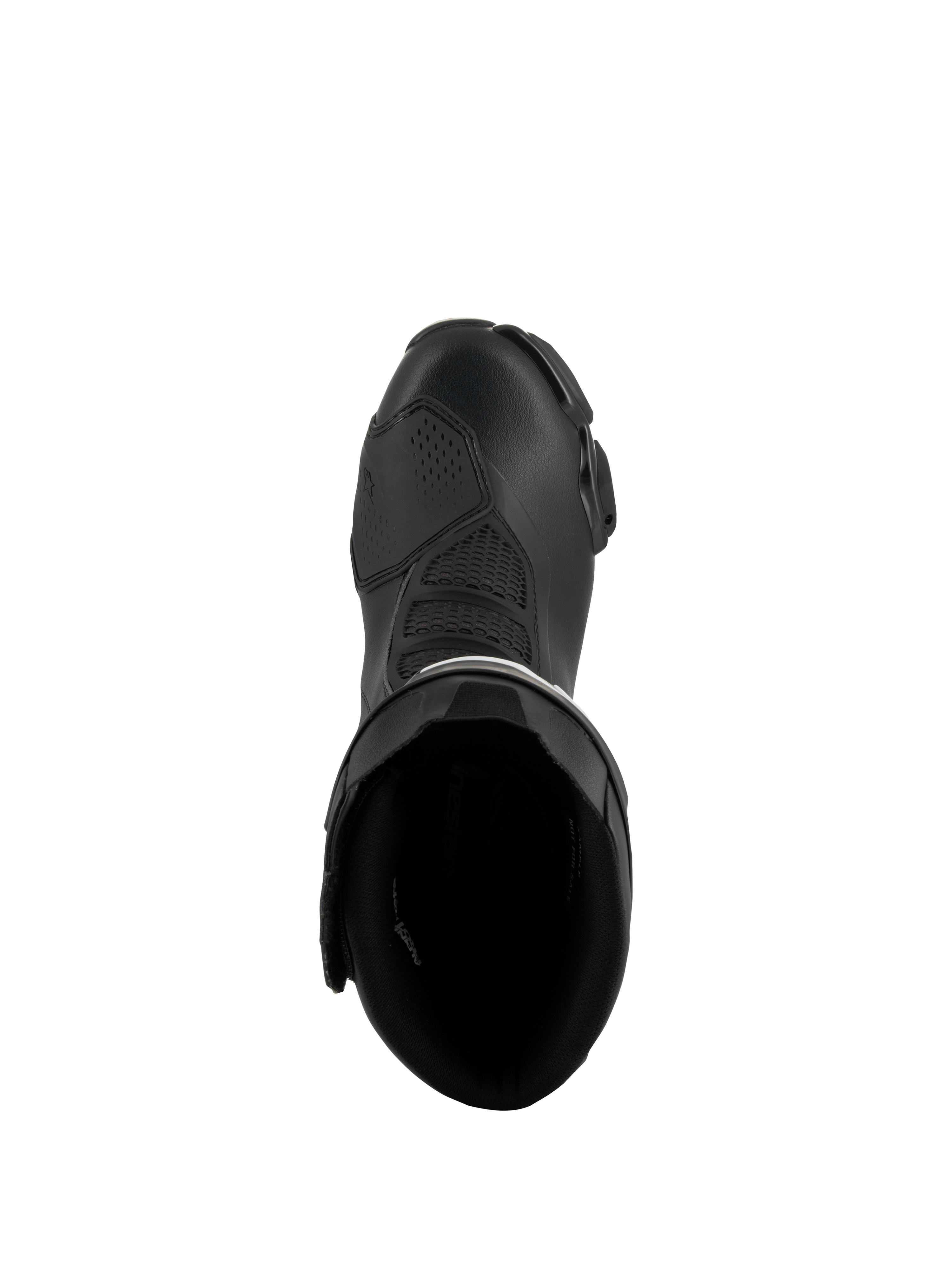 Botas Alpinestars SMX-6 V3, negras, vista superior que muestra la apertura interior y la construcción de la parte superior, calzado de motociclismo de alto rendimiento con materiales de microfibra y zonas de flexión de malla