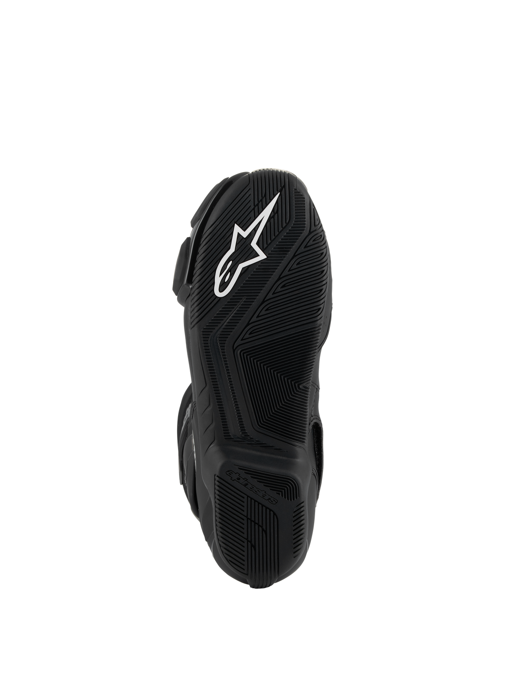 Botas Alpinestars SMX-6 V3, negro, vista inferior de la suela de goma ligera con patrón de agarre texturizado, logotipo Astar blanco y marca Alpinestars en relieve en el talón.