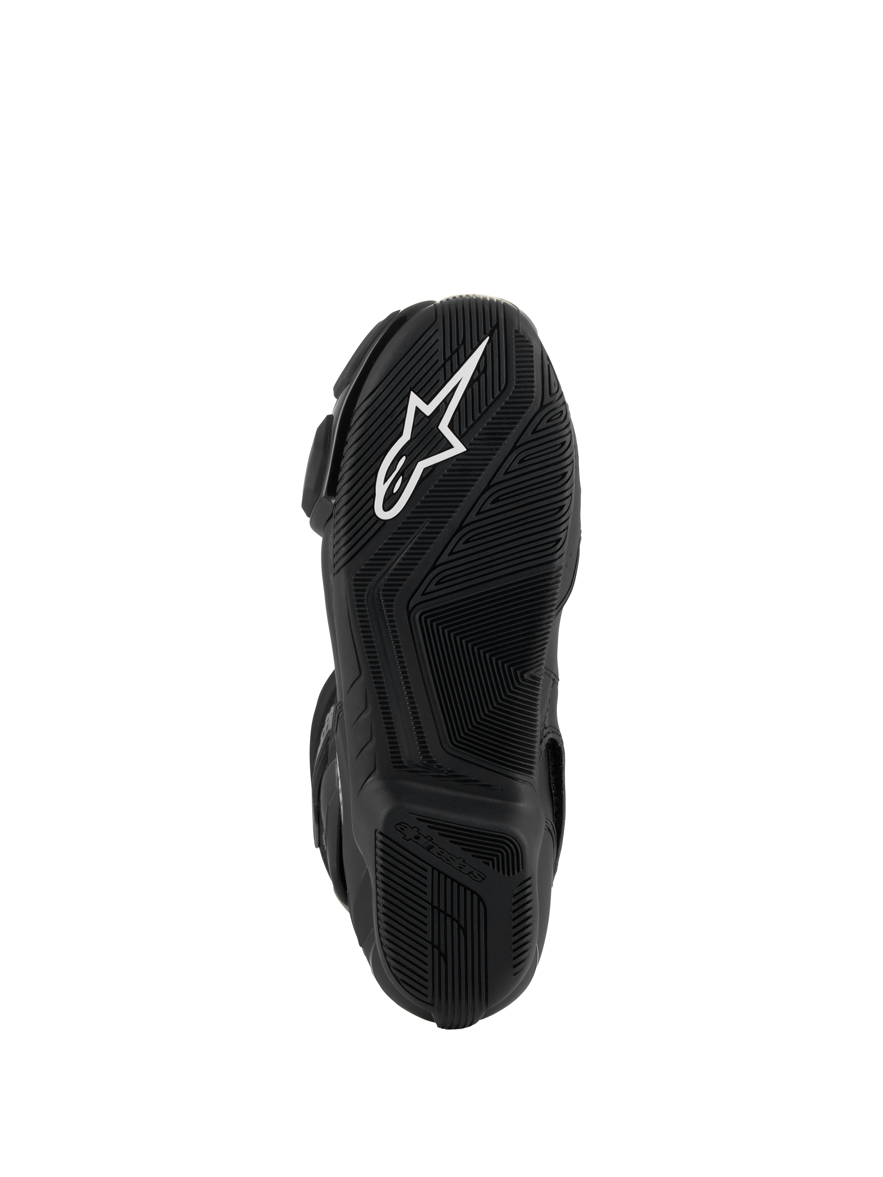 Botas Alpinestars SMX-6 V3, negro, vista inferior de la suela de goma ligera con patrón de agarre texturizado, logotipo Astar blanco y marca Alpinestars en relieve en el talón.