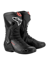 Alpinestars SMX-6 V3 Boots, Black with Red Fluo accents, performance racing and street motorcycle boots, featuring TPU ankle brace and shin protection, sleek microfiber construction with white Alpinestars logo.