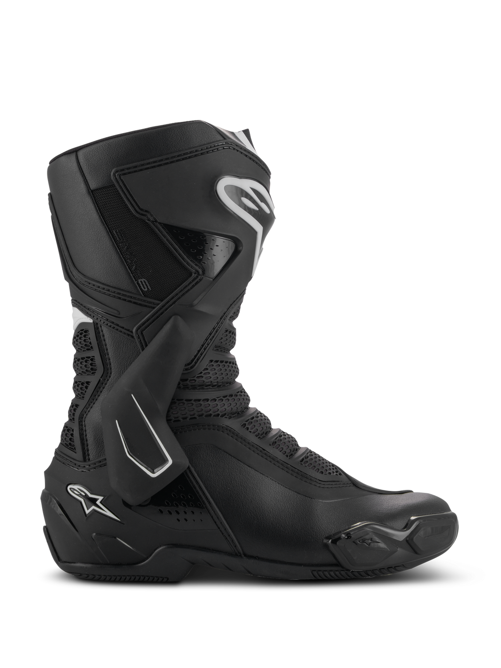 Alpinestars SMX-6 V3, botas deportivas para moto, negras con detalles blancos, vista de perfil lateral con sistema de soporte de tobillo de TPU, zonas de flexión de malla texturizada y componentes reforzados en talón y puntera para rendimiento en circuito y calle.