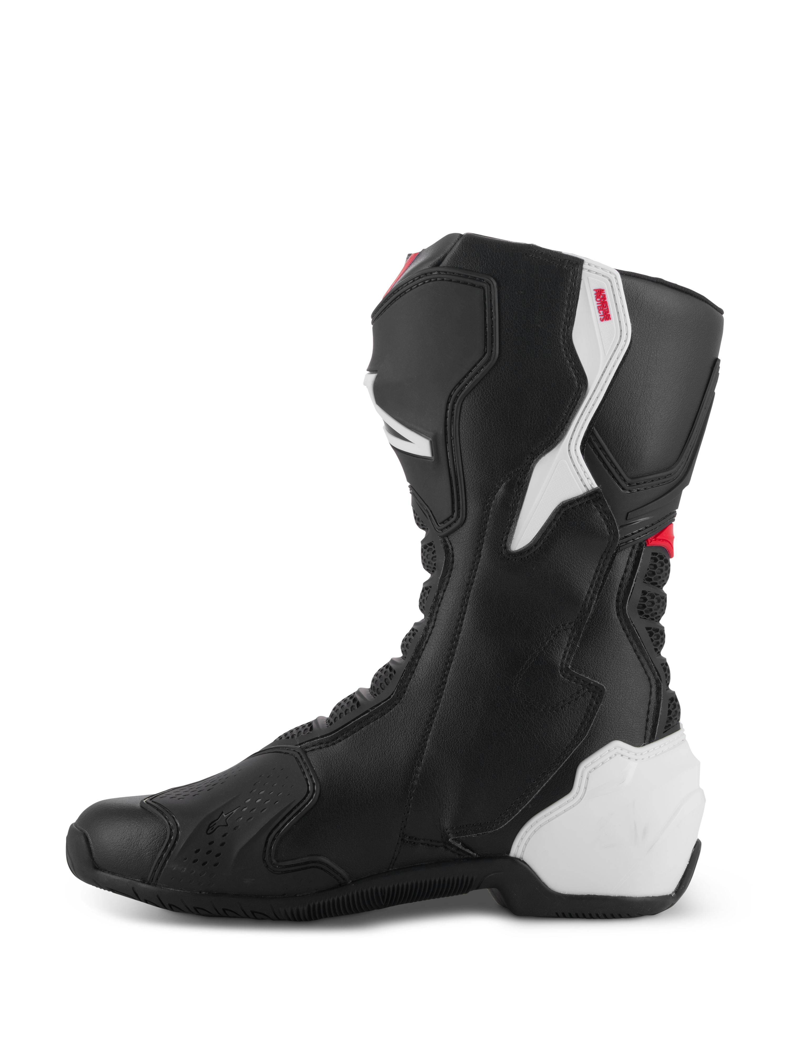Alpinestars SMX-6 V3 Boots, Performance Riding Boots, Black White Red Graphic, medial side view, black microfiber construction with white TPU protective panels on the heel and calf, red accents, and flexible accordion zones for enhanced mobility and protection.