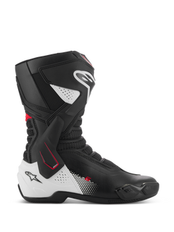 Alpinestars SMX-6 V3 Boots, Performance Motorcycle Racing Boots, Black White and Red, side profile featuring TPU lateral ankle brace, reinforced shin and heel protection, perforated mesh flex zones, and replaceable toe sliders for track and street riding