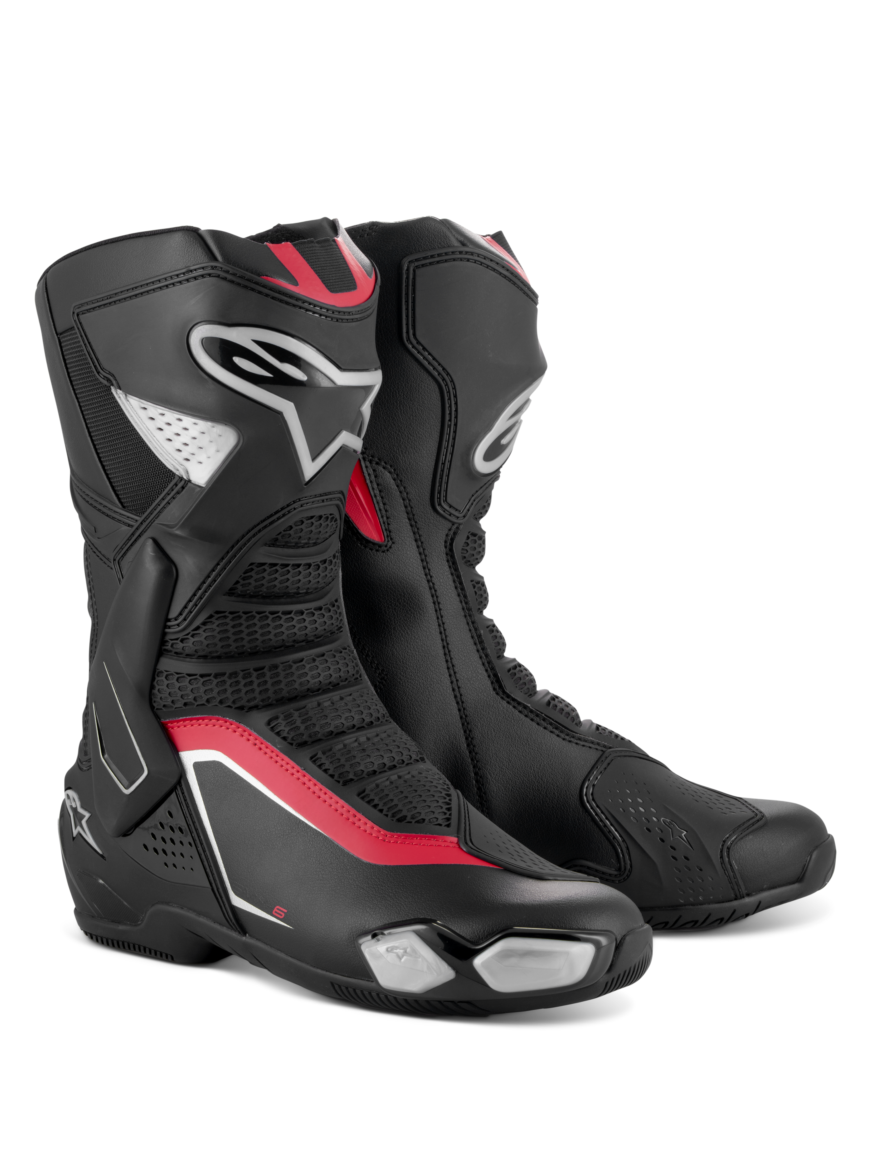 Botas Alpinestars SMX-6 V3, botas de motociclismo de alto rendimiento, negro, plata y rojo, con una parte superior de microfibra estilizada con protección de TPU, detalles en rojo y el logotipo de Alpinestars en el lateral.