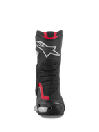 Botas Alpinestars SMX-6 V3, botas de competición y deportivas para moto, negro, plata y rojo, vista frontal con espinillera de TPU y logotipo de estrella plateada, paneles flexibles de malla y confección en microfibra de alto rendimiento