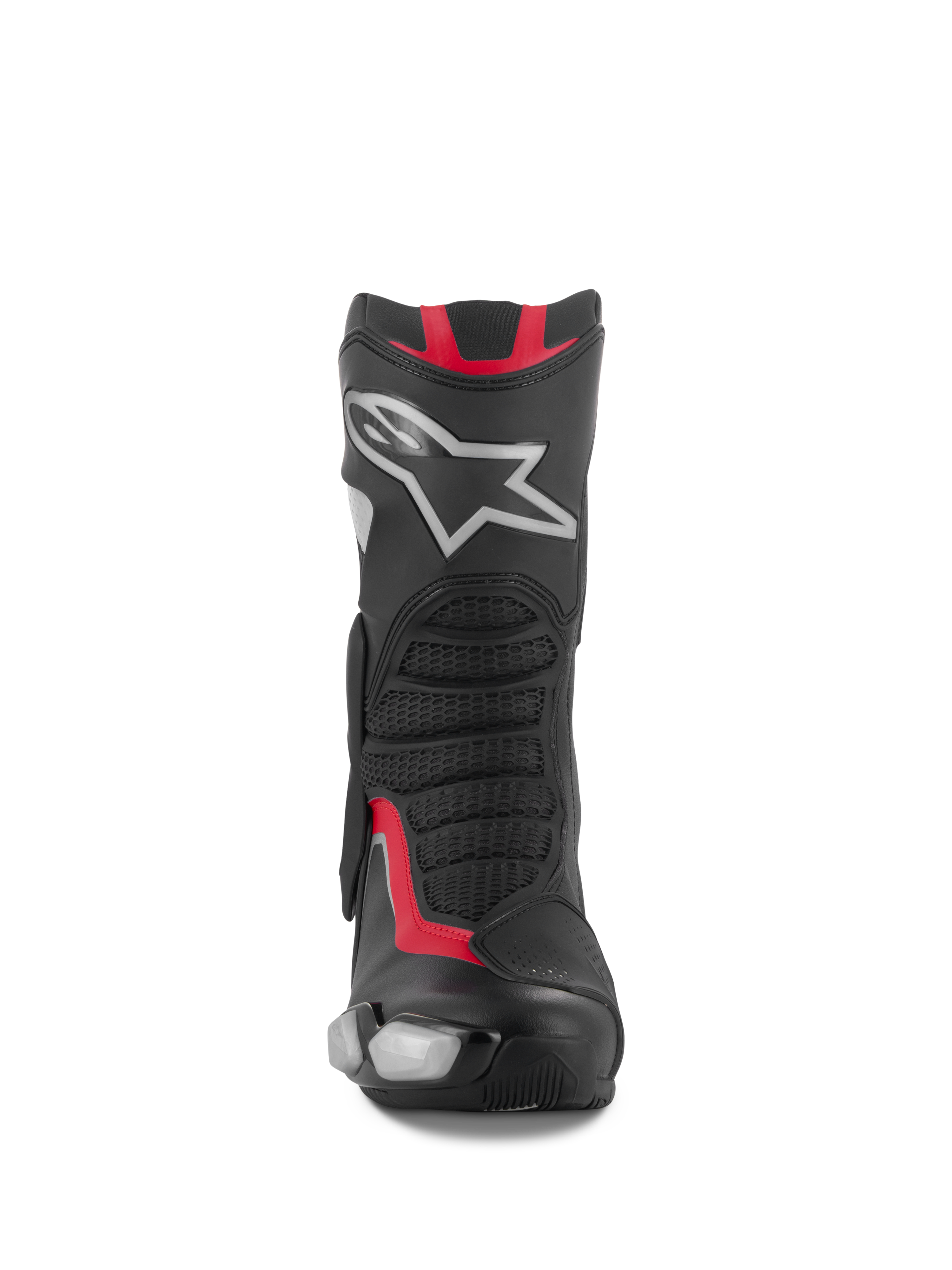 Botas Alpinestars SMX-6 V3, botas de competición y deportivas para moto, negro, plata y rojo, vista frontal con espinillera de TPU y logotipo de estrella plateada, paneles flexibles de malla y confección en microfibra de alto rendimiento