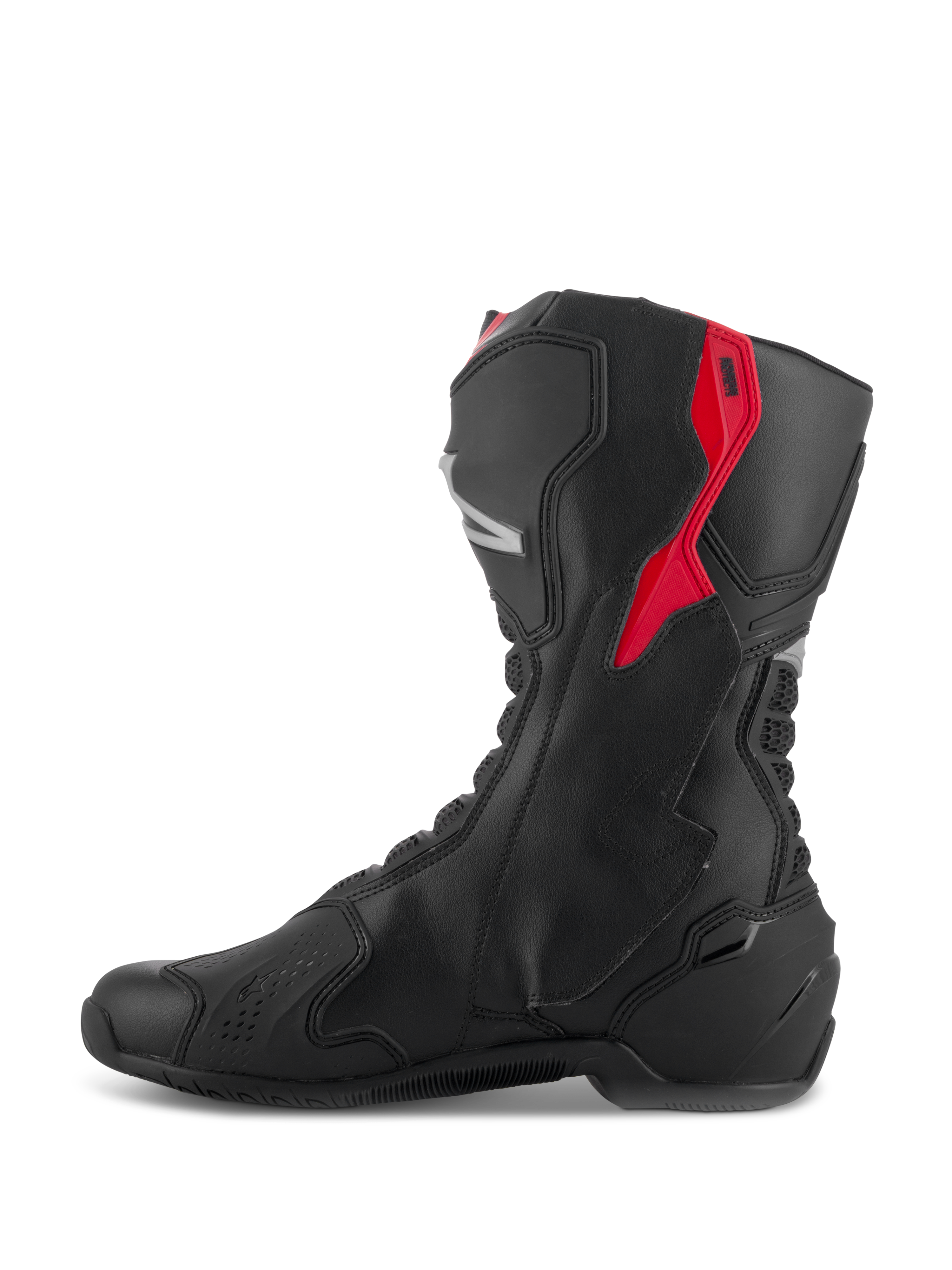 Botas Alpinestars SMX-6 V3, botas de alto rendimiento, negro con detalles en rojo y plateado, vista de perfil lateral que muestra la construcción de microfibra y los paneles protectores de TPU, diseño derivado de la competición para rendimiento en pista y calle