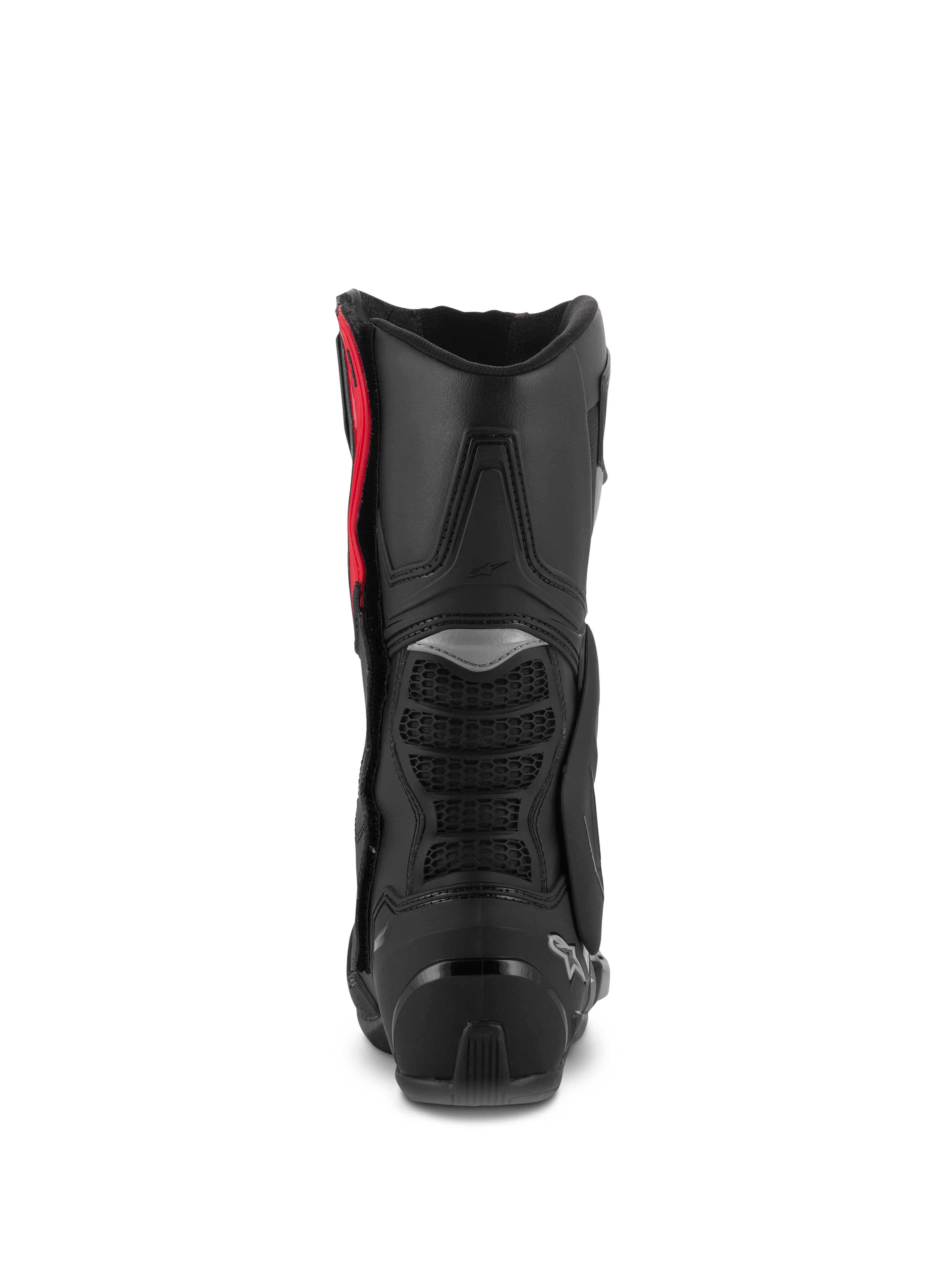 Botas Alpinestars SMX-6 V3, botas de conducción de alto rendimiento, negro, plata y rojo, vista trasera que muestra el protector de pantorrilla de TPU, zonas de flexión de malla y refuerzo en el talón, calzado de protección de alto rendimiento