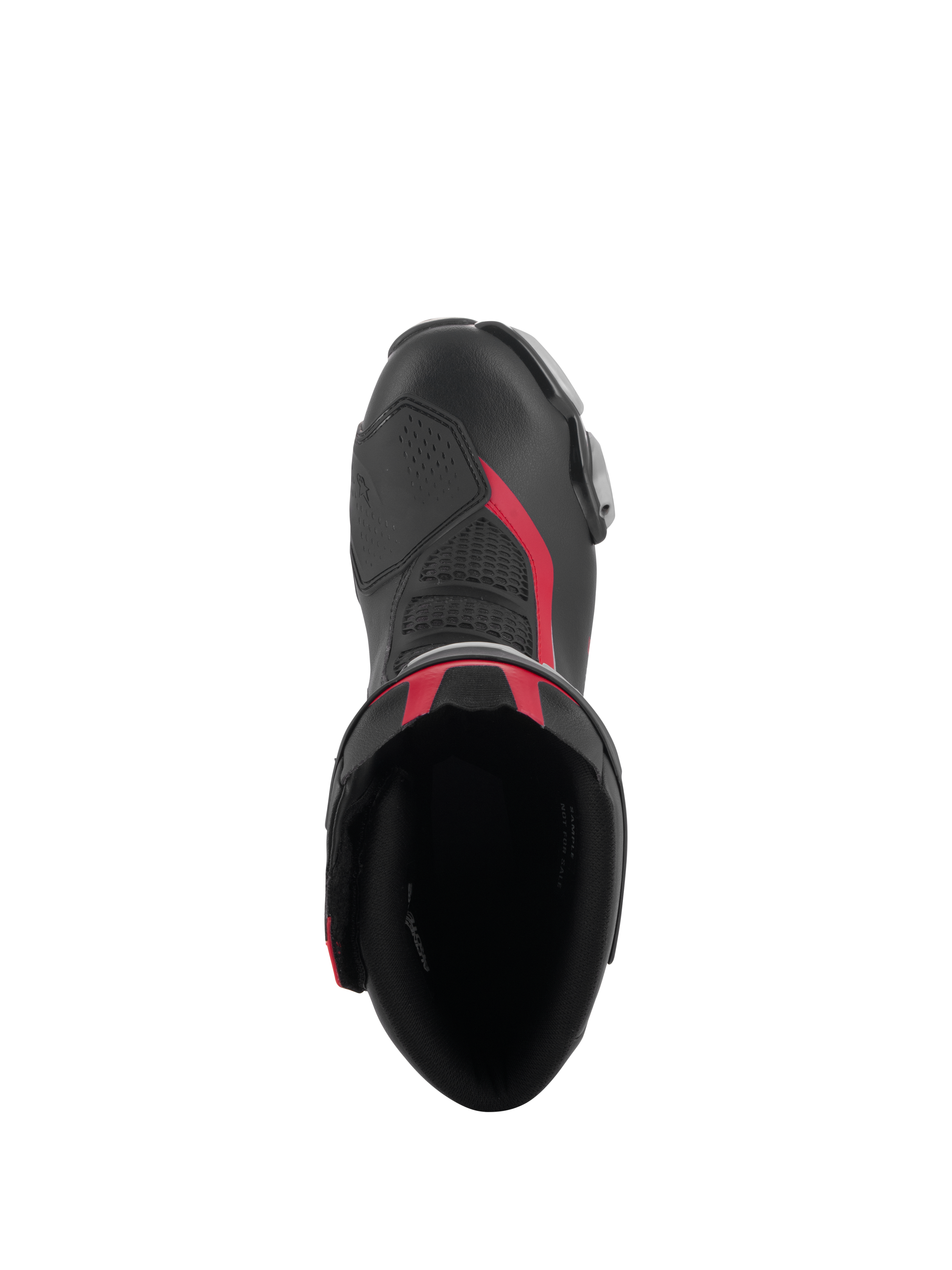 Vista superior de las botas Alpinestars SMX-6 V3 en negro, plata y rojo, con la apertura de la bota, construcción de microfibra con detalles en rojo y zona de cambio de TPU integrada.