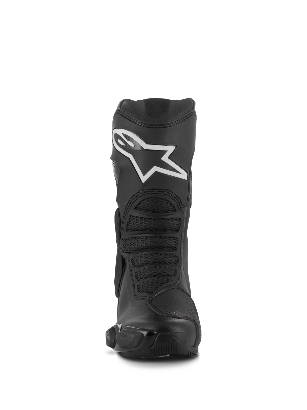 Botas Alpinestars Stella SMX-6 V3, botas de conducción de alto rendimiento para mujer, negras con logo Alpinestars blanco, vista frontal con protector de espinilla de TPU y zonas de malla flexibles, construcción de microfibra duradera