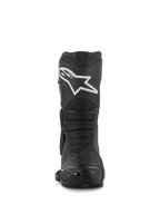 Botas Alpinestars Stella SMX-6 V3, botas de conducción de alto rendimiento para mujer, negras con logo Alpinestars blanco, vista frontal con protector de espinilla de TPU y zonas de malla flexibles, construcción de microfibra duradera