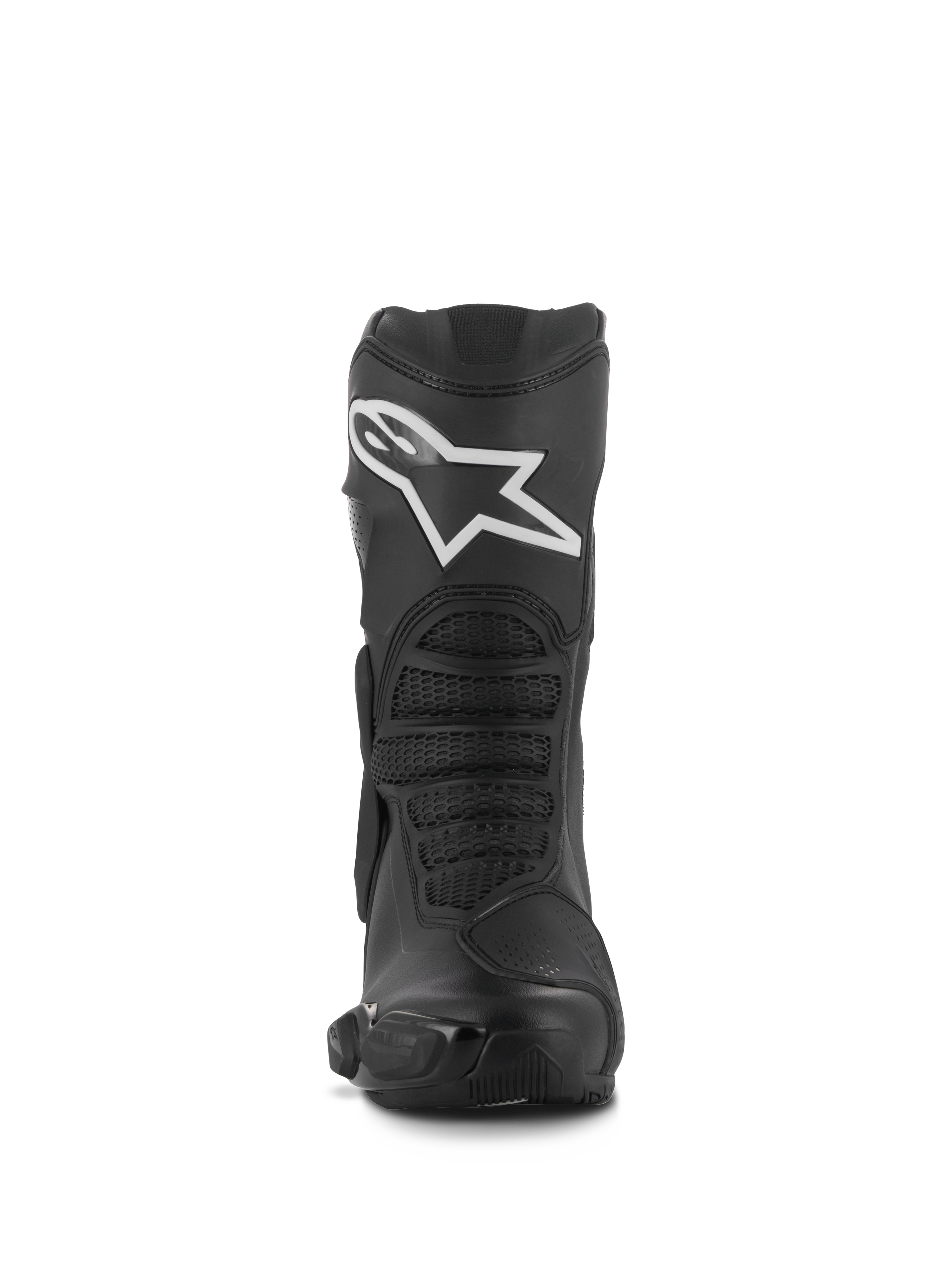 Botas Alpinestars Stella SMX-6 V3, botas de conducción de alto rendimiento para mujer, negras con logo Alpinestars blanco, vista frontal con protector de espinilla de TPU y zonas de malla flexibles, construcción de microfibra duradera