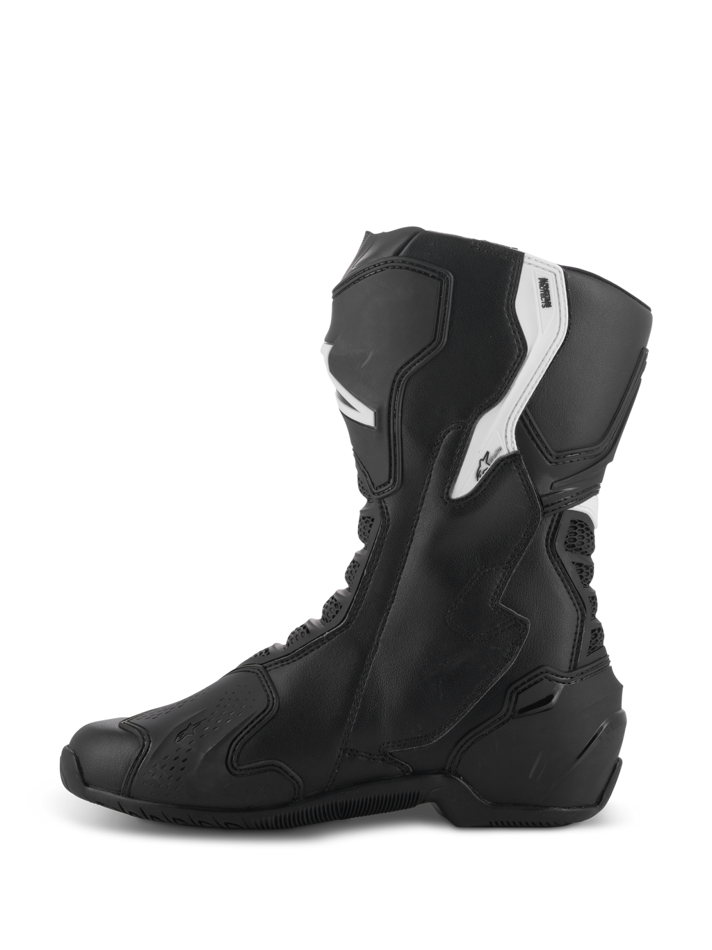Botas Alpinestars Stella SMX-6 V3, botas de rendimiento para mujer, negro y blanco, vista lateral medial con parte superior de microfibra ergonómica, protección de TPU en espinilla y tobillo, zonas de malla flexible y diseño aerodinámico para uso en pista y calle