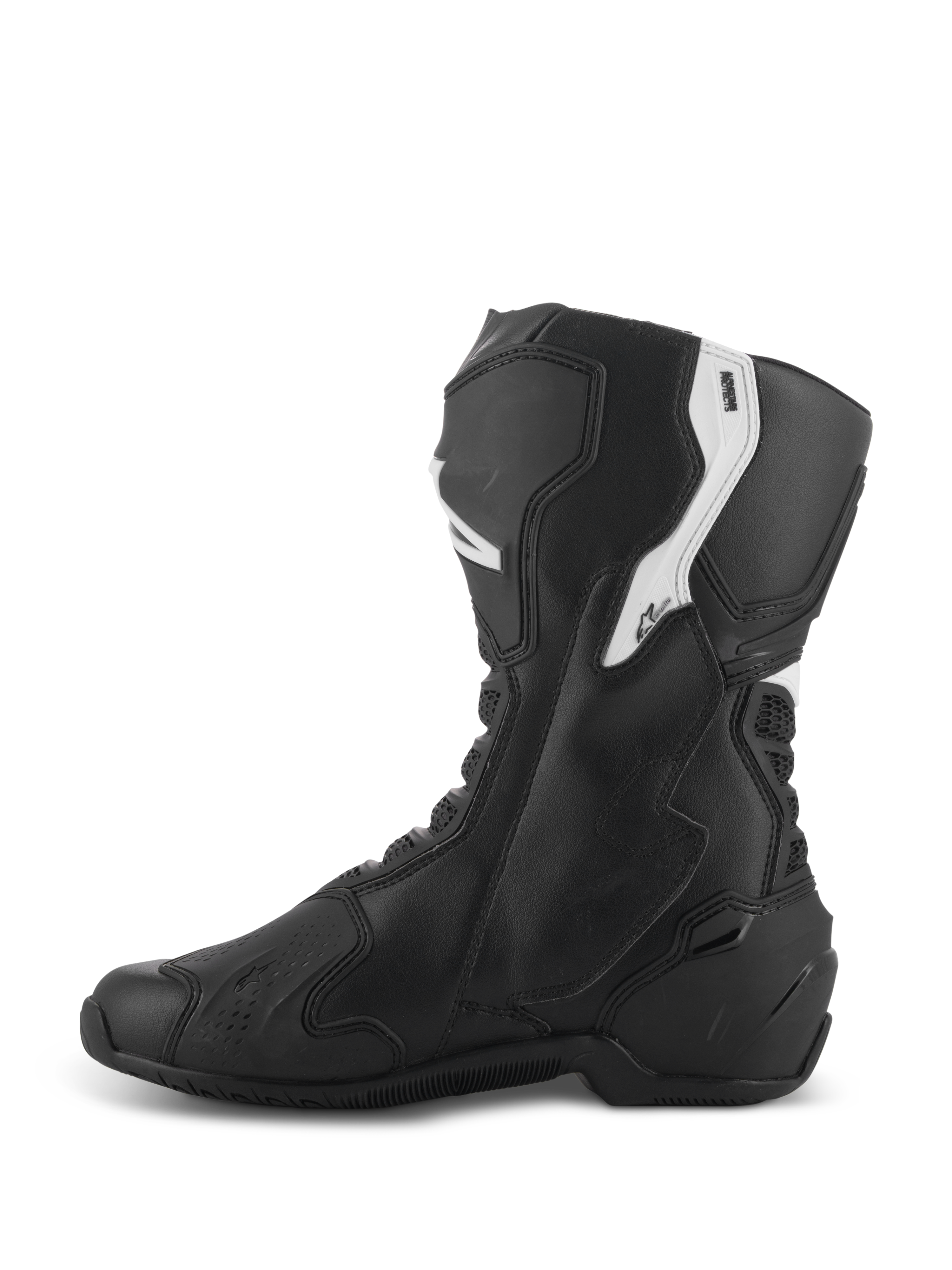 Botas Alpinestars Stella SMX-6 V3, botas de rendimiento para mujer, negro y blanco, vista lateral medial con parte superior de microfibra ergonómica, protección de TPU en espinilla y tobillo, zonas de malla flexible y diseño aerodinámico para uso en pista y calle
